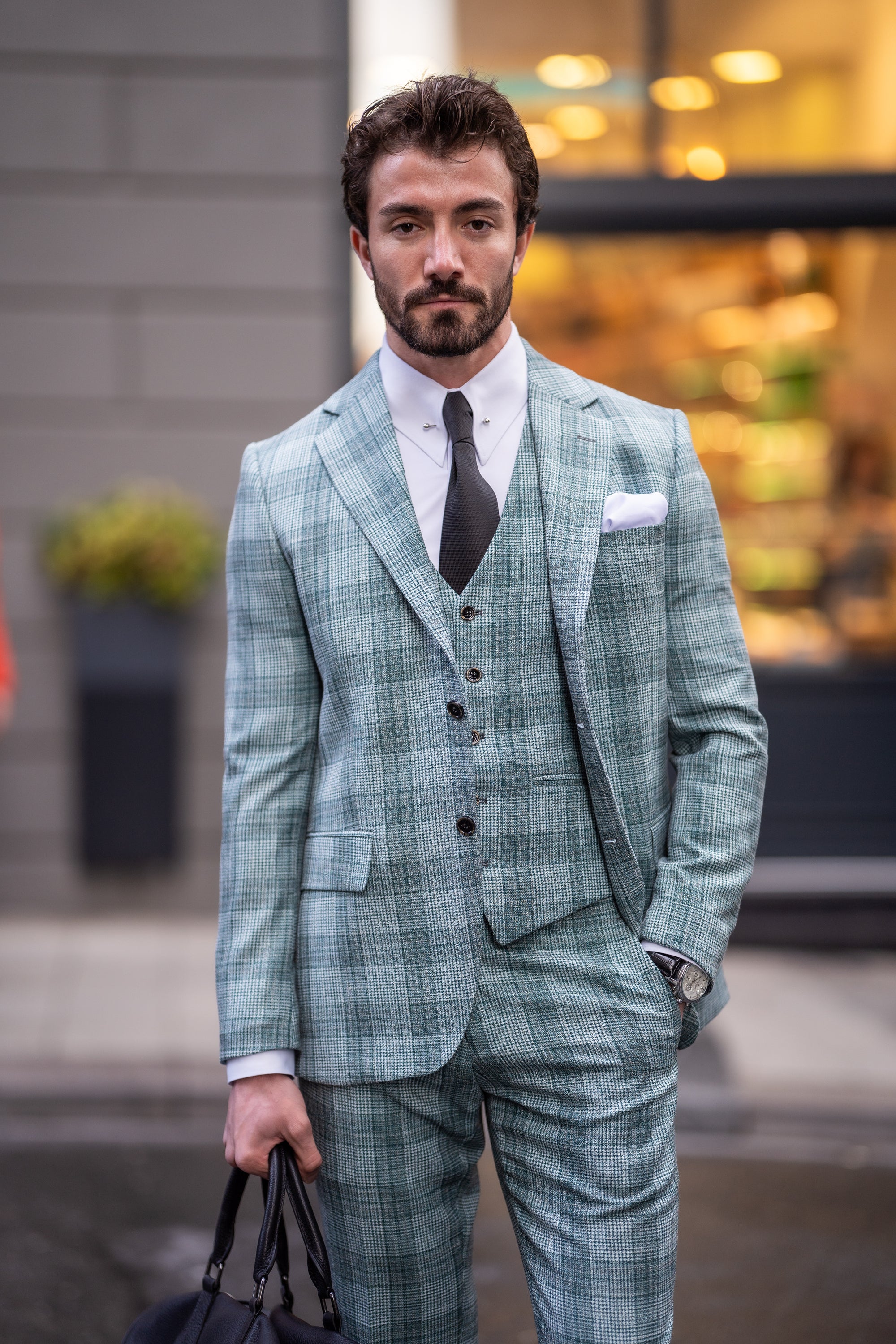 Green Plaid Slim-Fit Suit 3-Piece