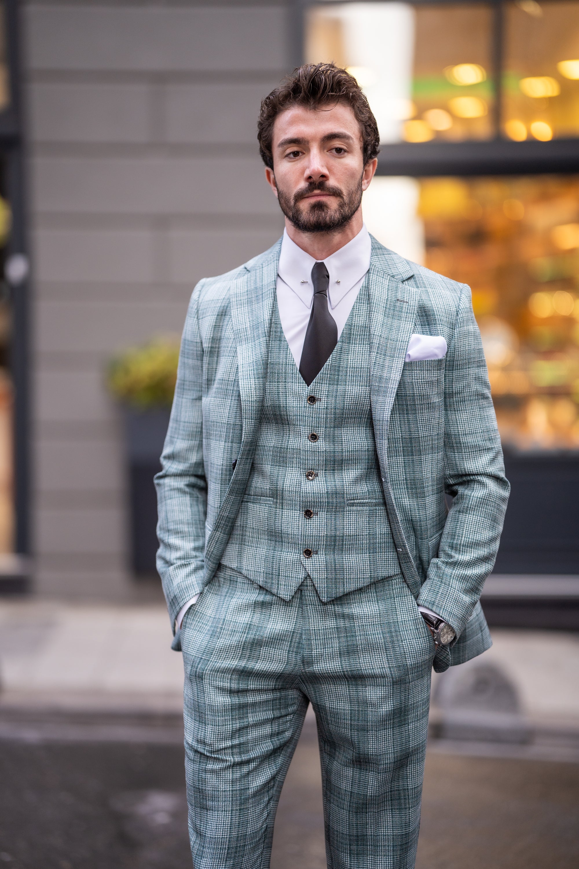 Green Plaid Slim-Fit Suit 3-Piece