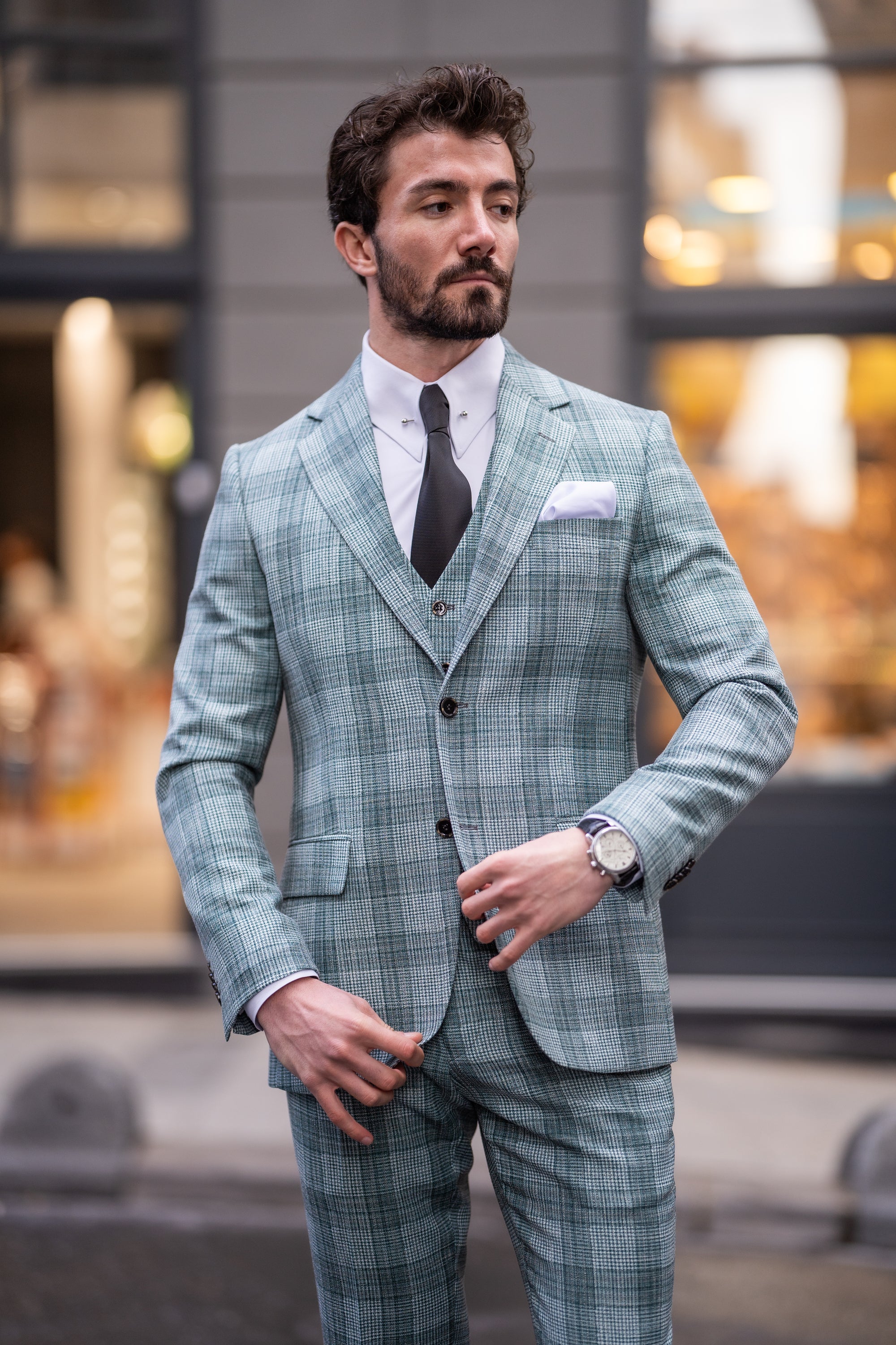 Green Plaid Slim-Fit Suit 3-Piece