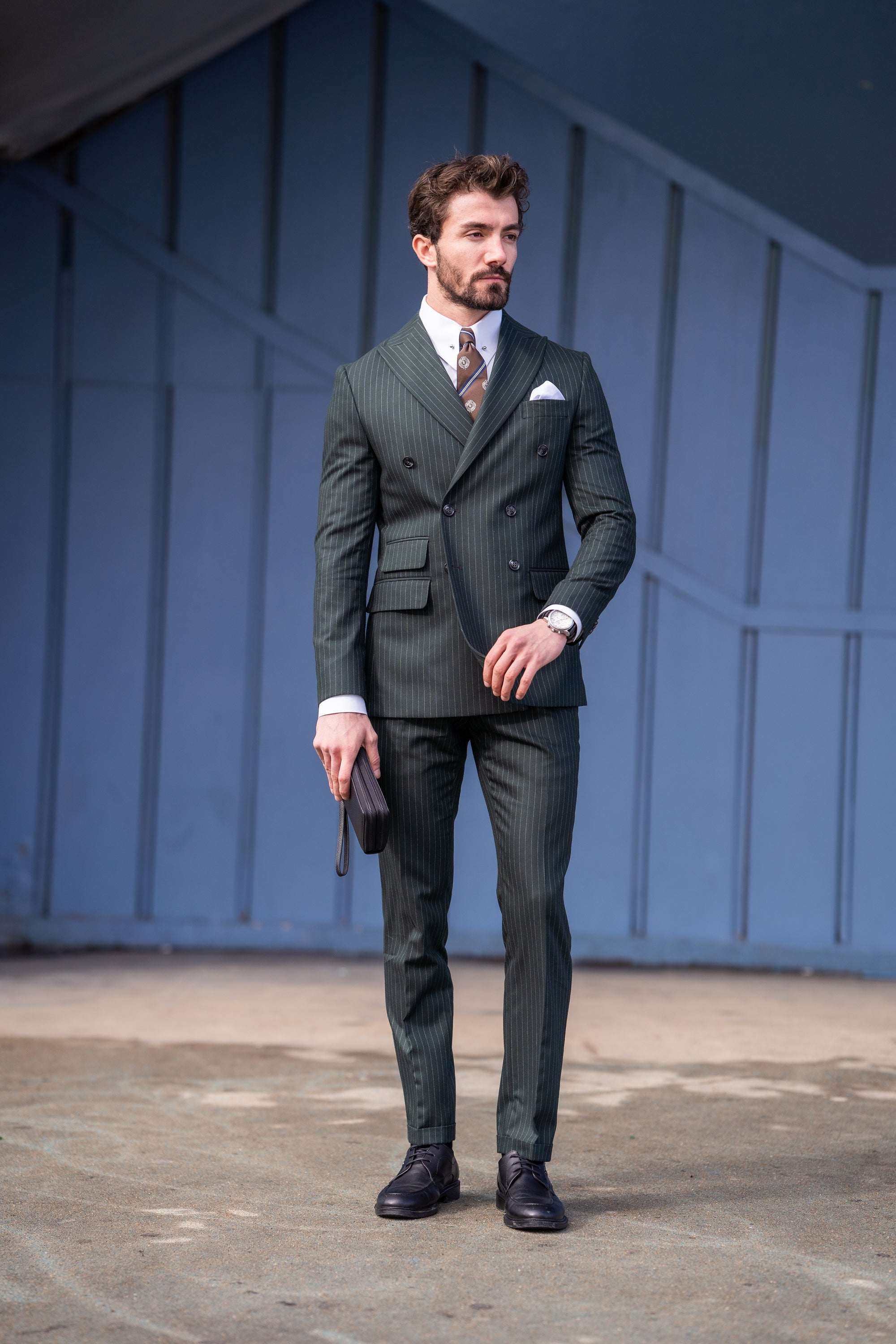Khaki Striped Double Breasted Suit 2-Piece