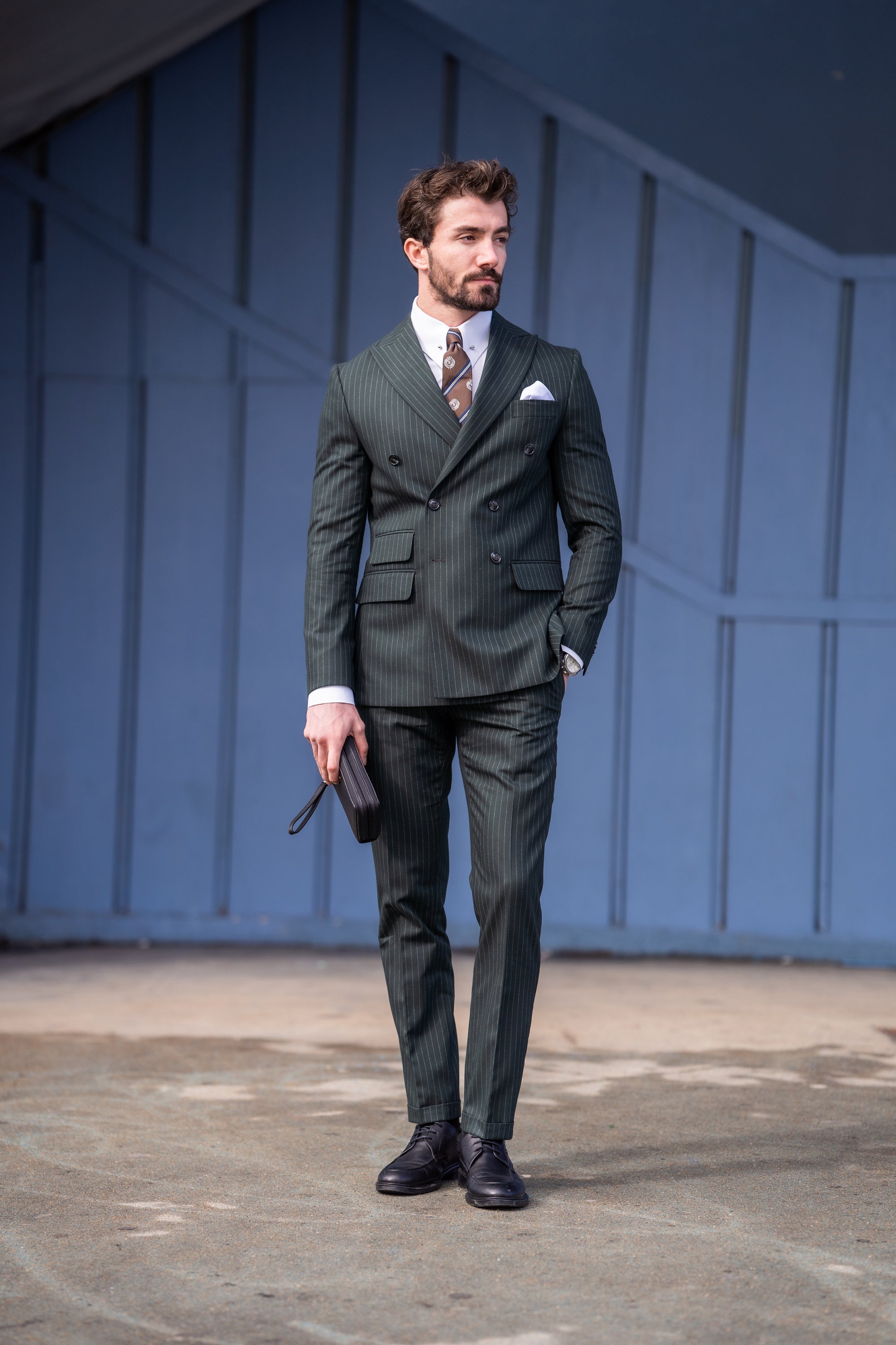 Khaki Striped Double Breasted Suit 2-Piece