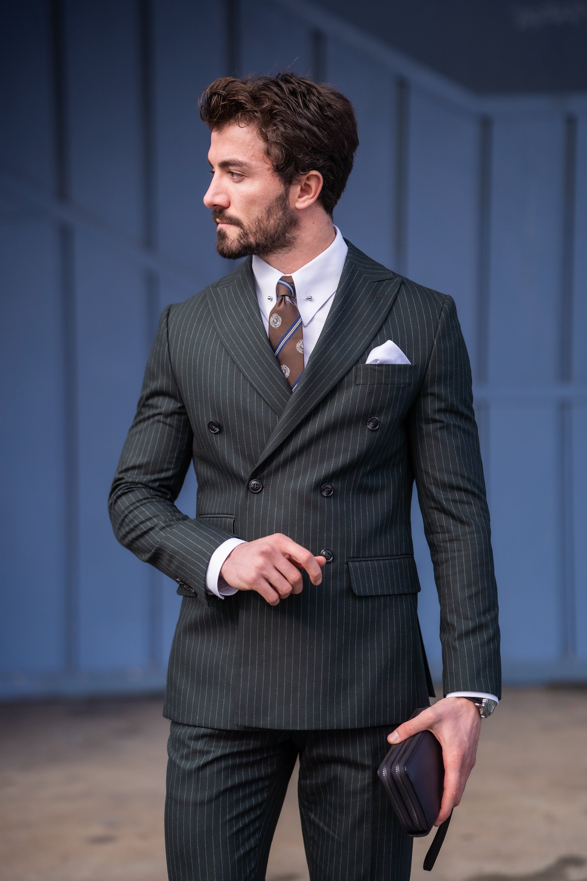 Khaki Striped Double Breasted Suit 2-Piece