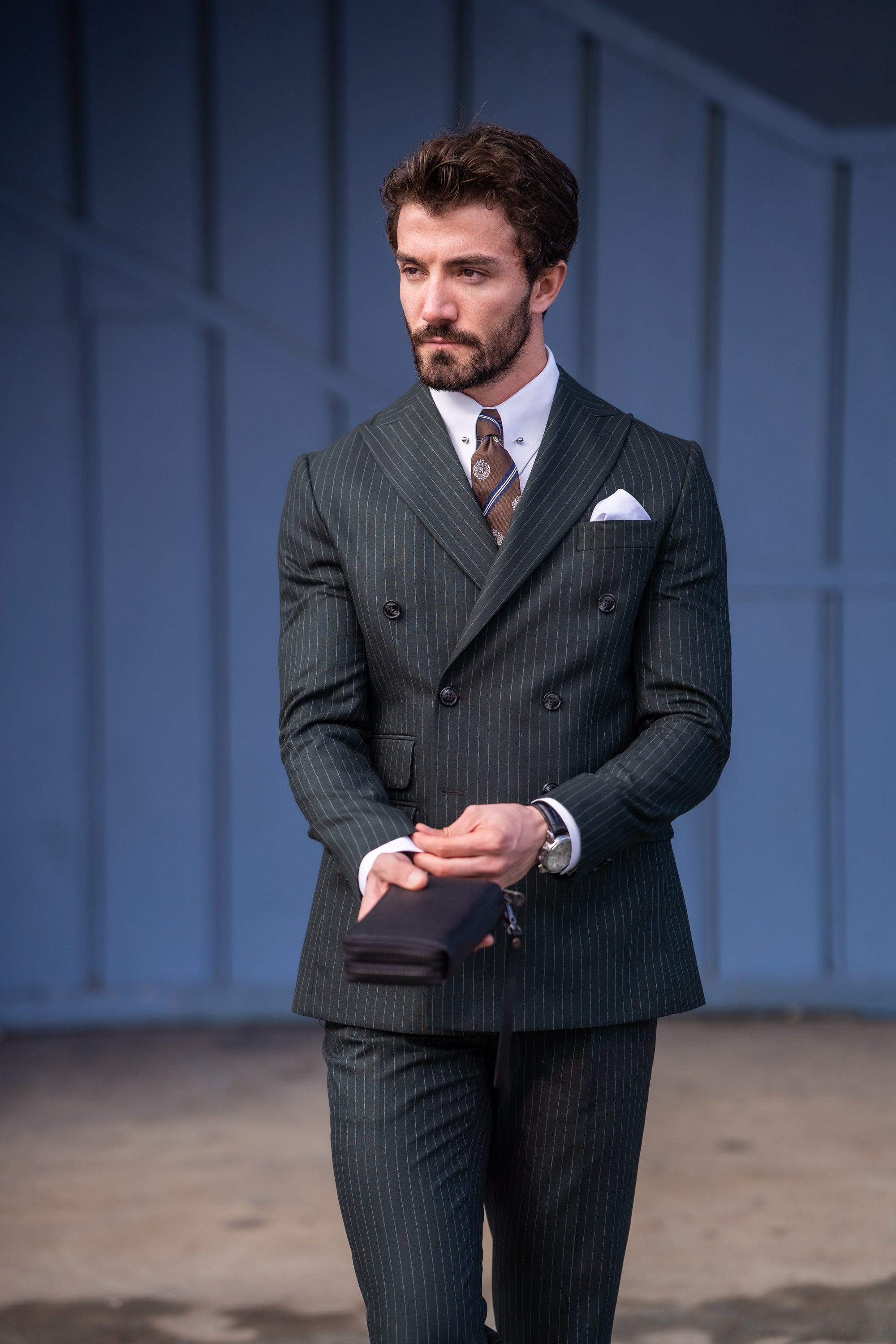 Khaki Striped Double Breasted Suit 2-Piece
