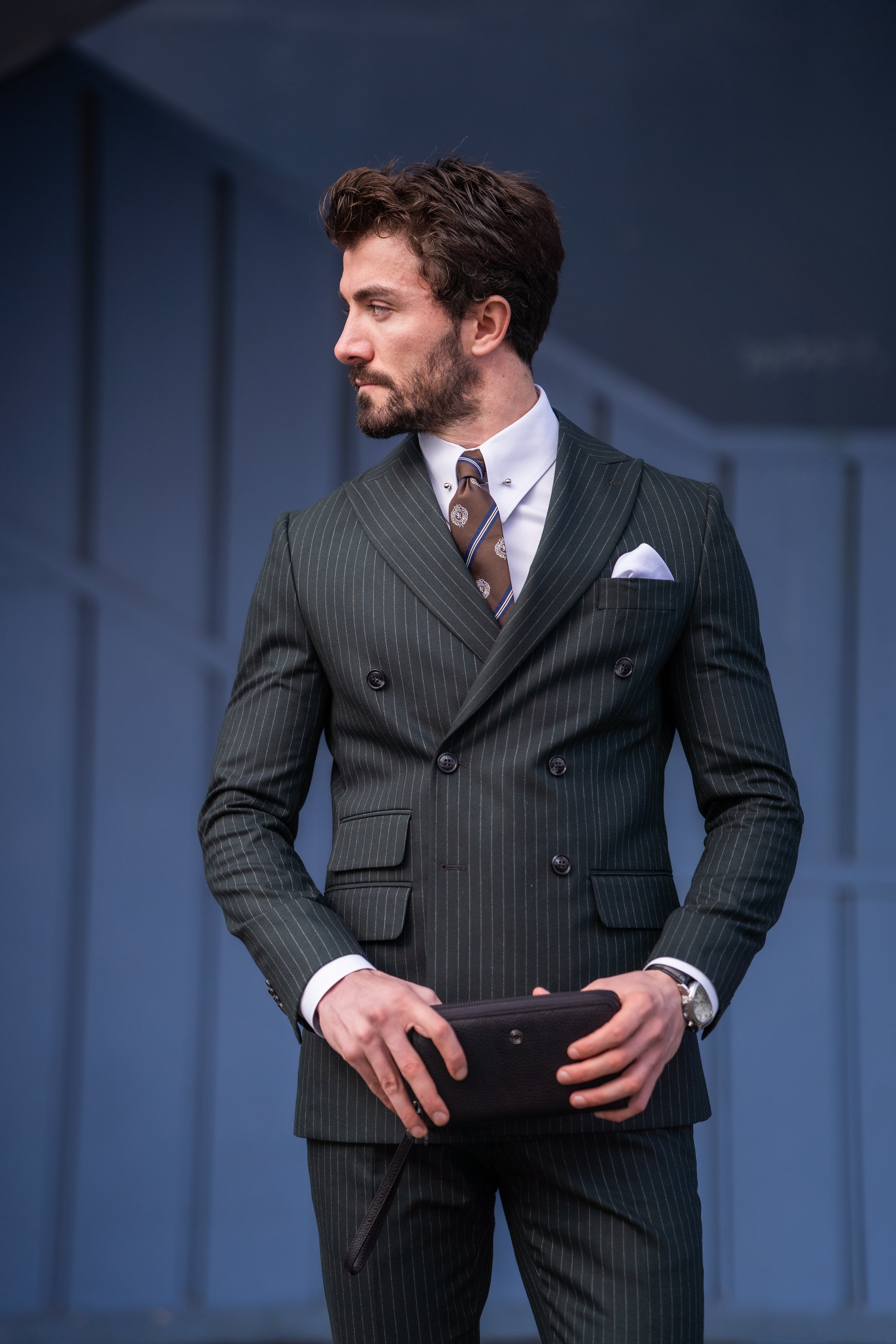 Khaki Striped Double Breasted Suit 2-Piece