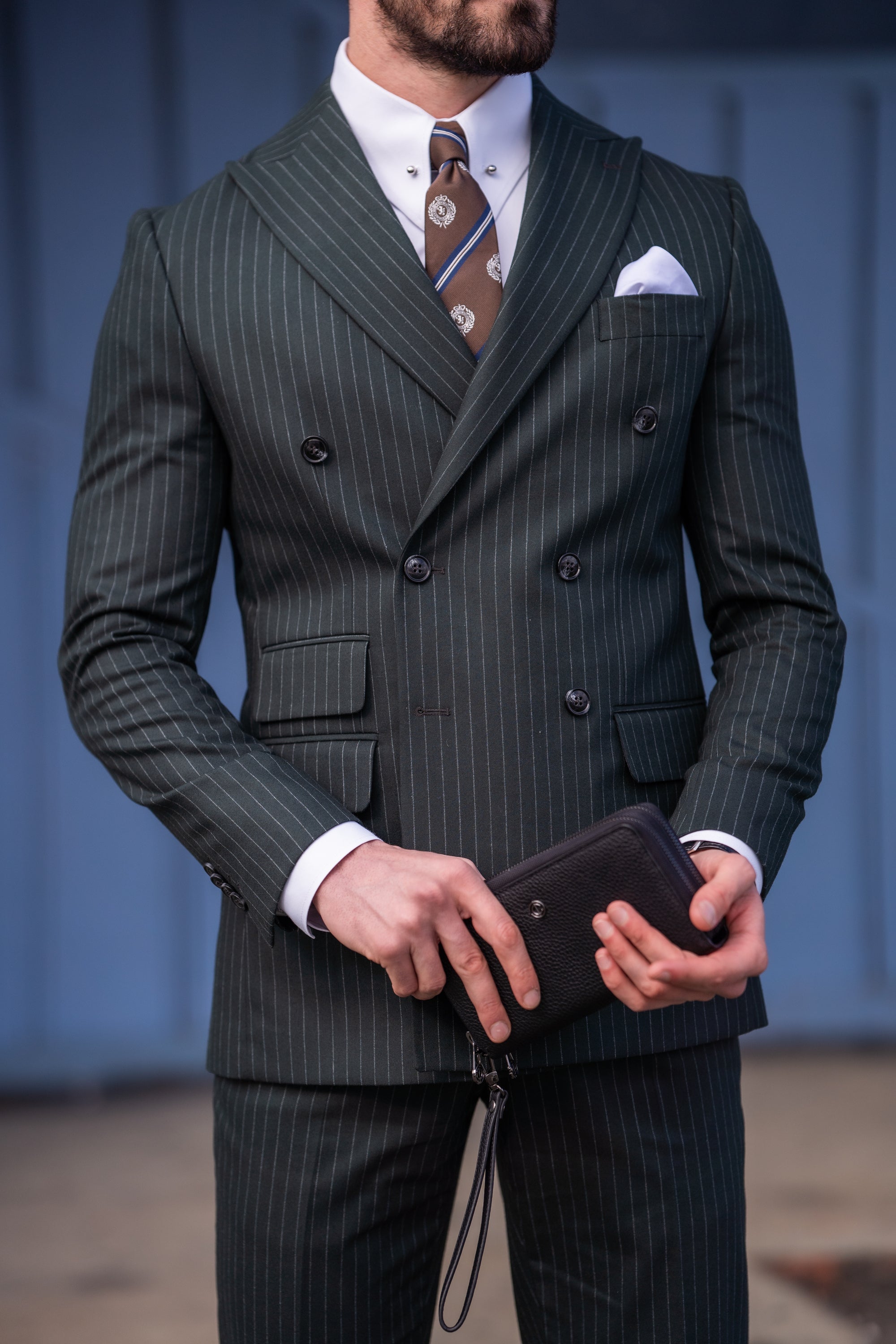 Khaki Striped Double Breasted Suit 2-Piece