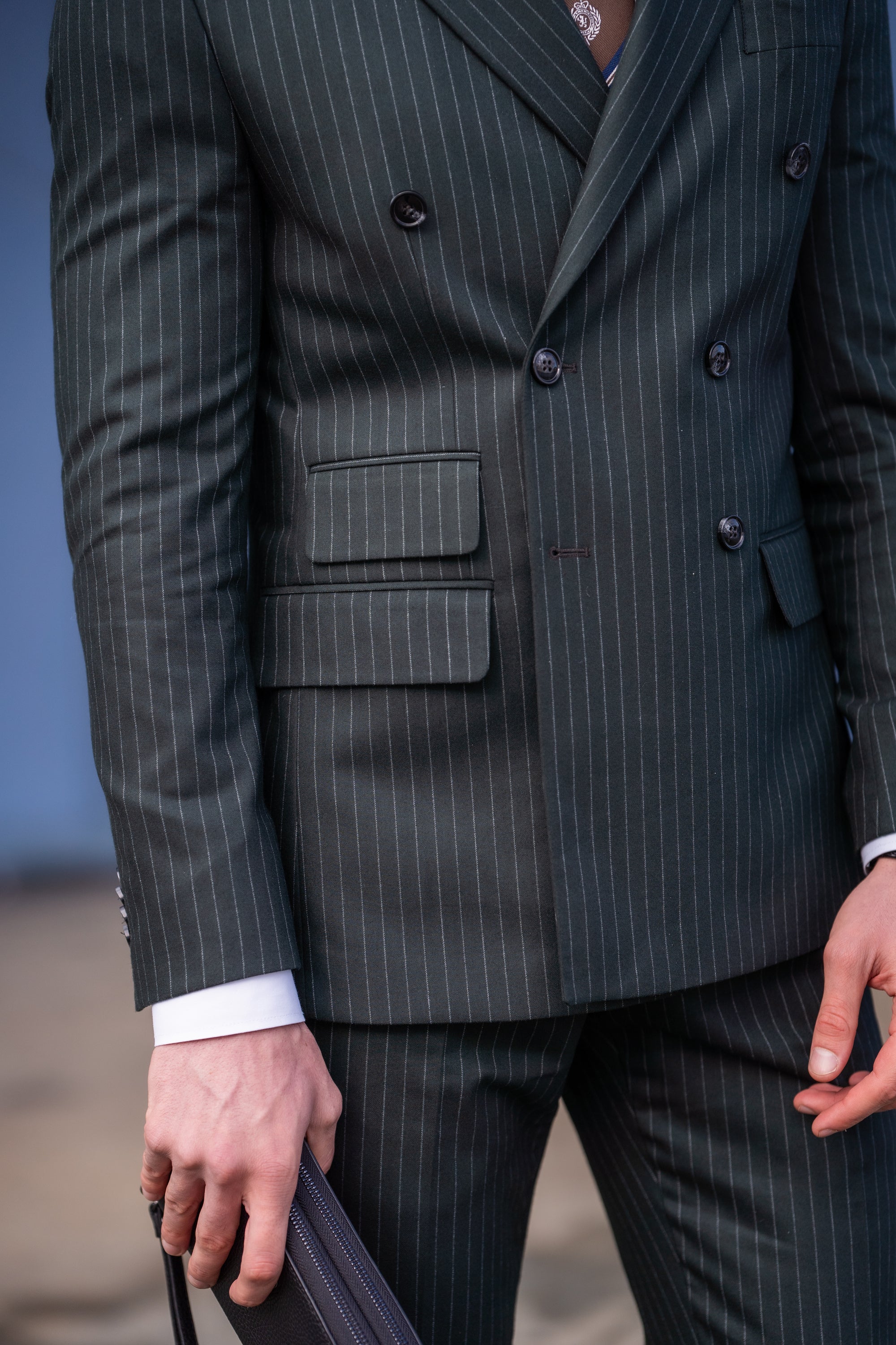 Khaki Striped Double Breasted Suit 2-Piece