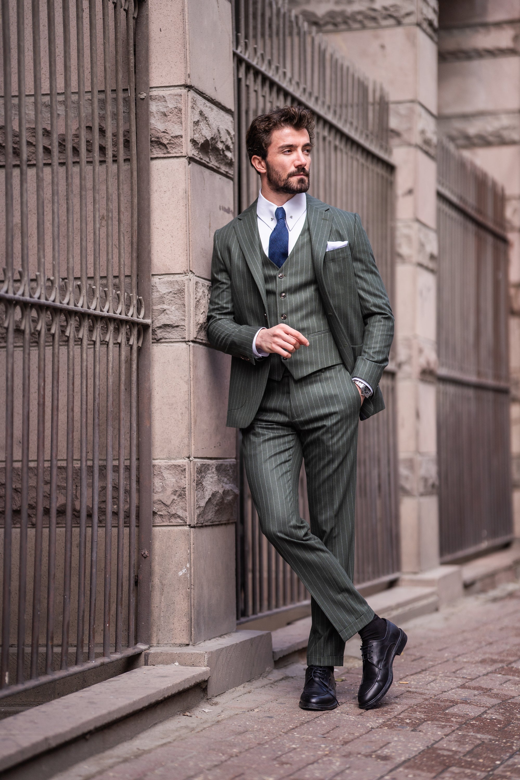 Khaki Striped Slim-Fit Suit 3-Piece