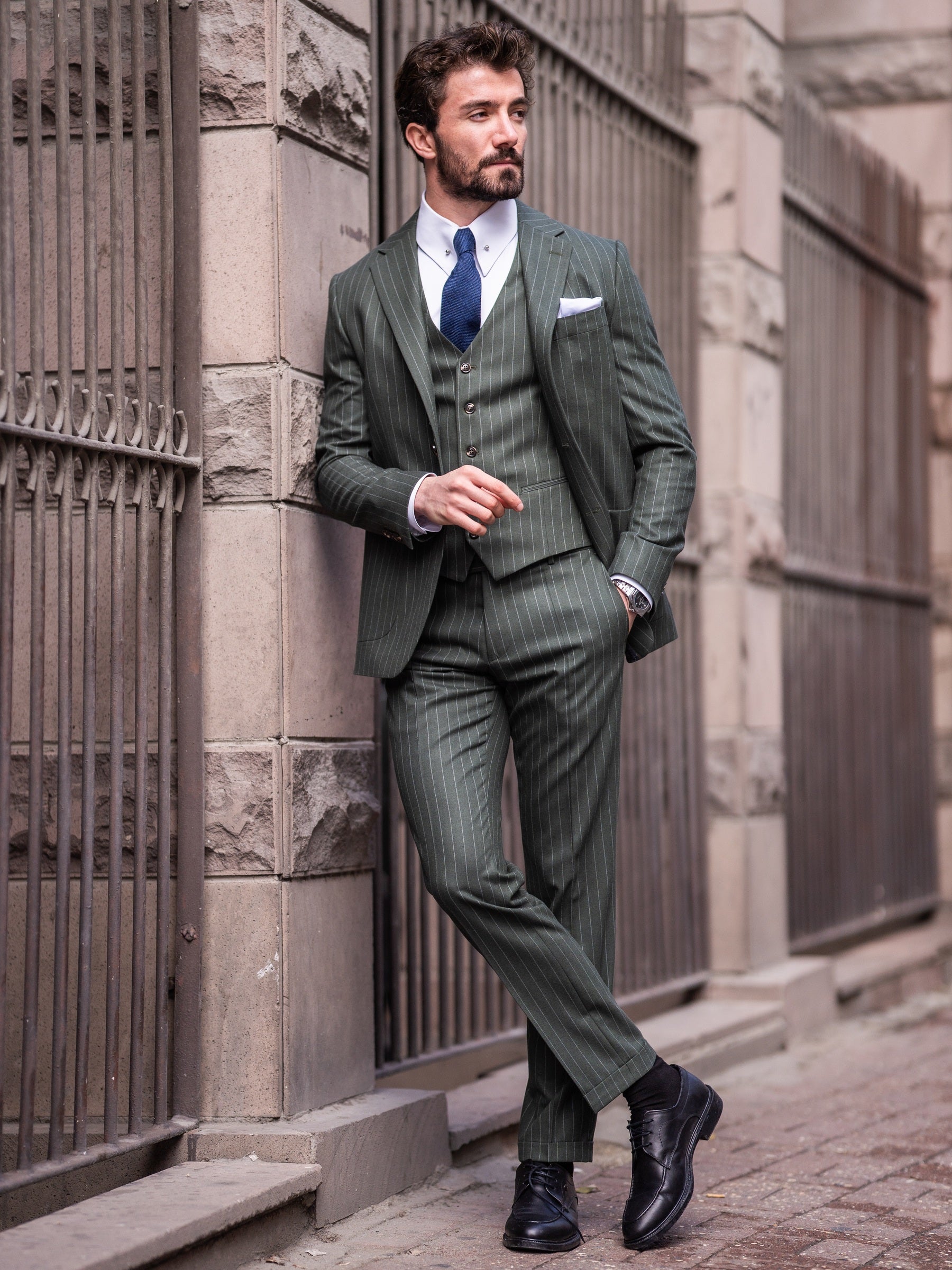 Khaki Striped Slim-Fit Suit 3-Piece