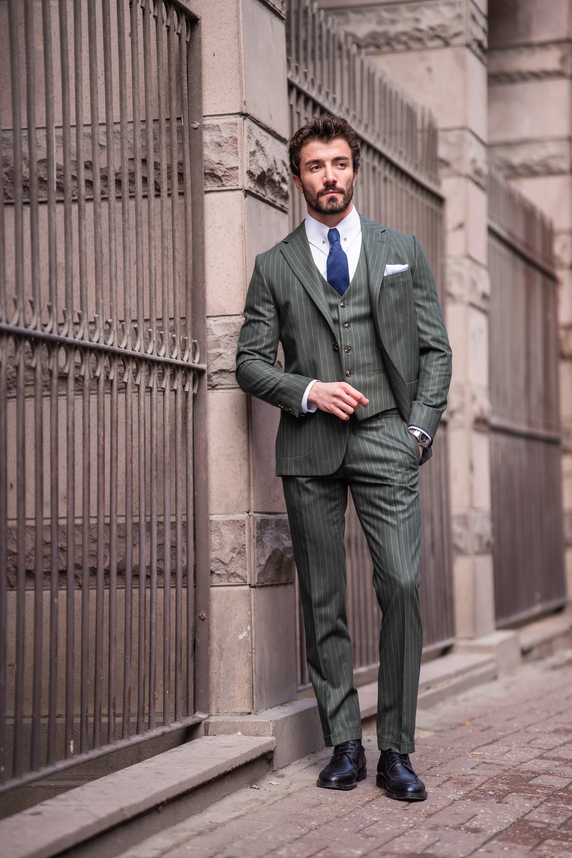 Khaki Striped Slim-Fit Suit 3-Piece