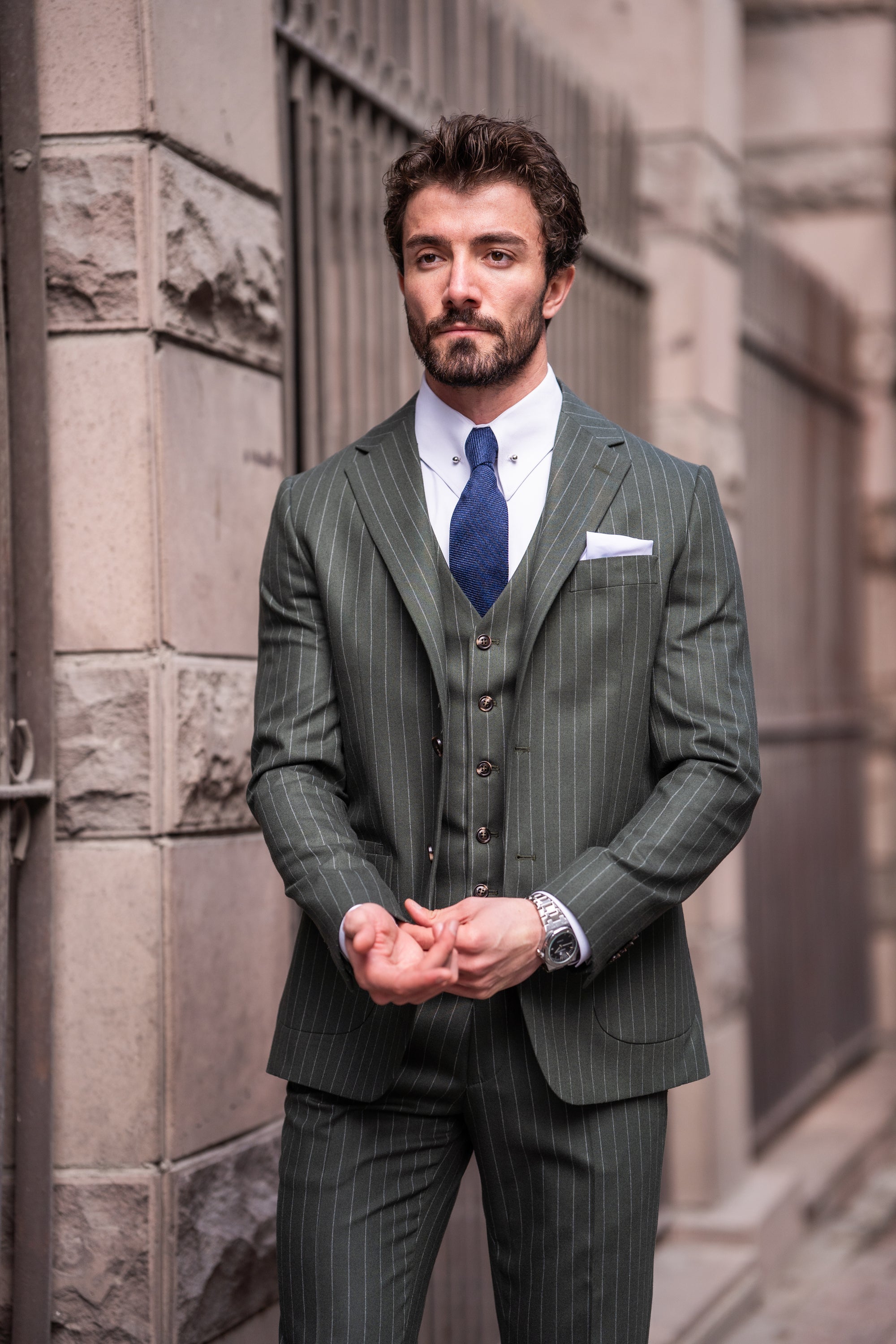 Khaki Striped Slim-Fit Suit 3-Piece