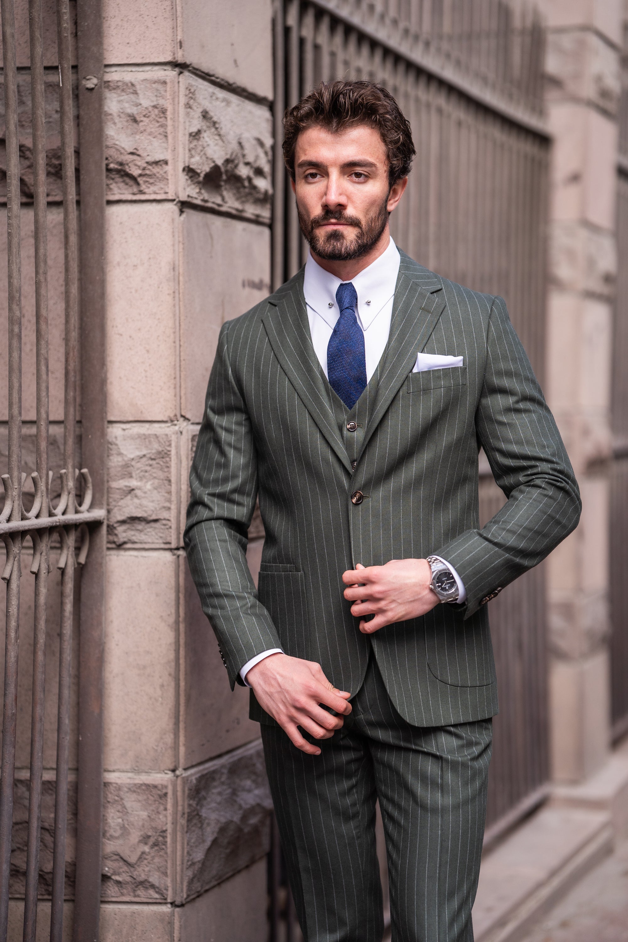 Khaki Striped Slim-Fit Suit 3-Piece