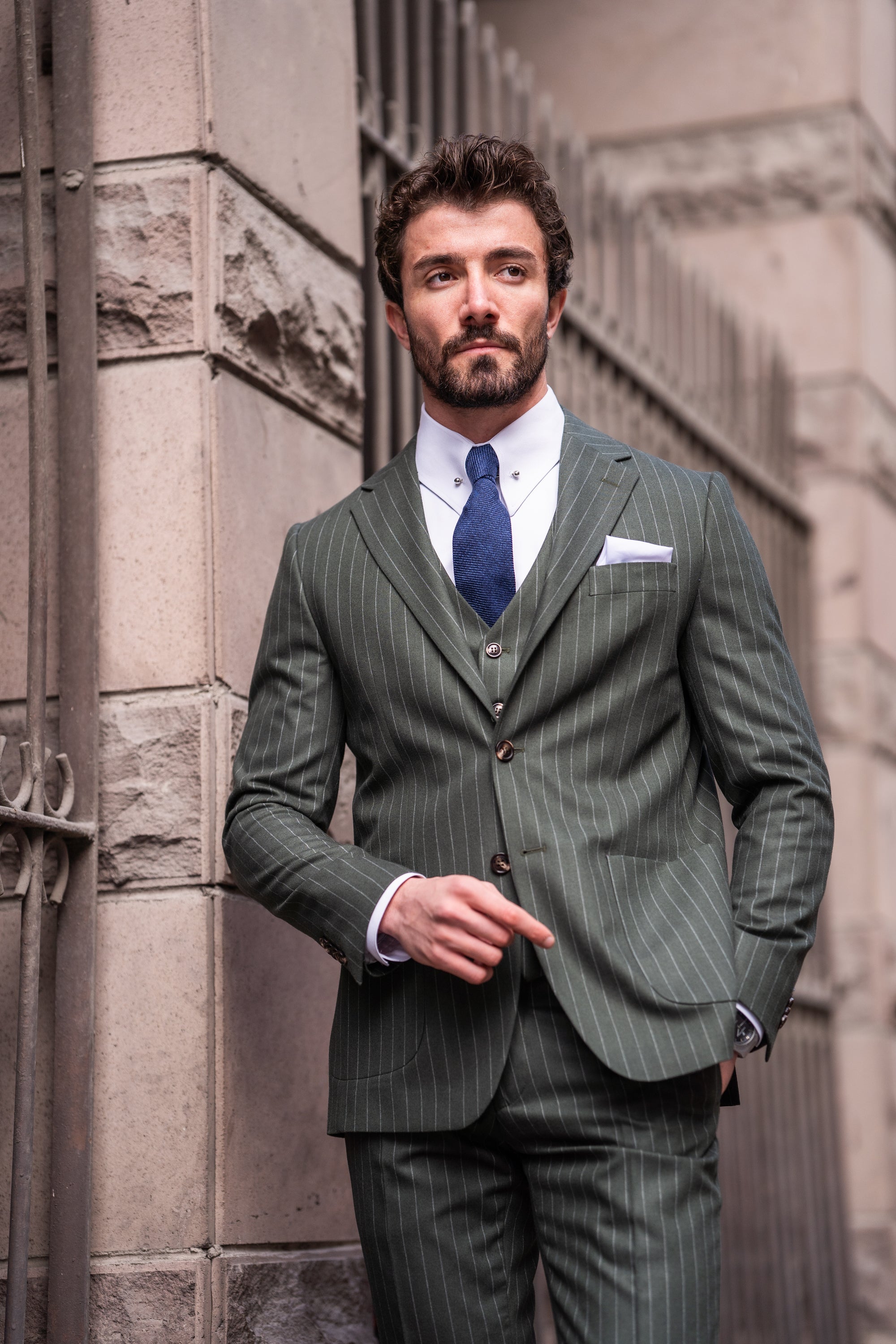 Khaki Striped Slim-Fit Suit 3-Piece