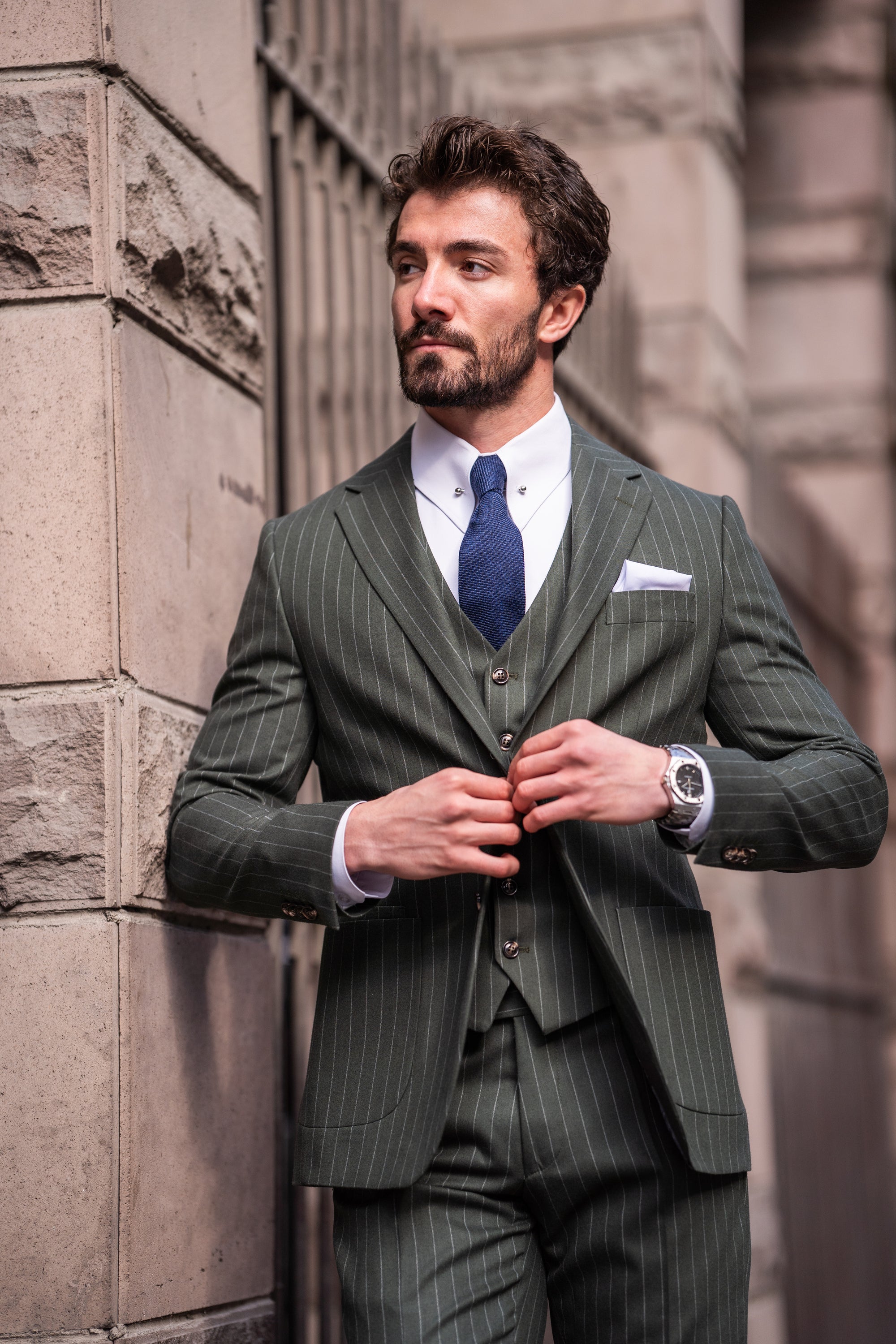 Khaki Striped Slim-Fit Suit 3-Piece