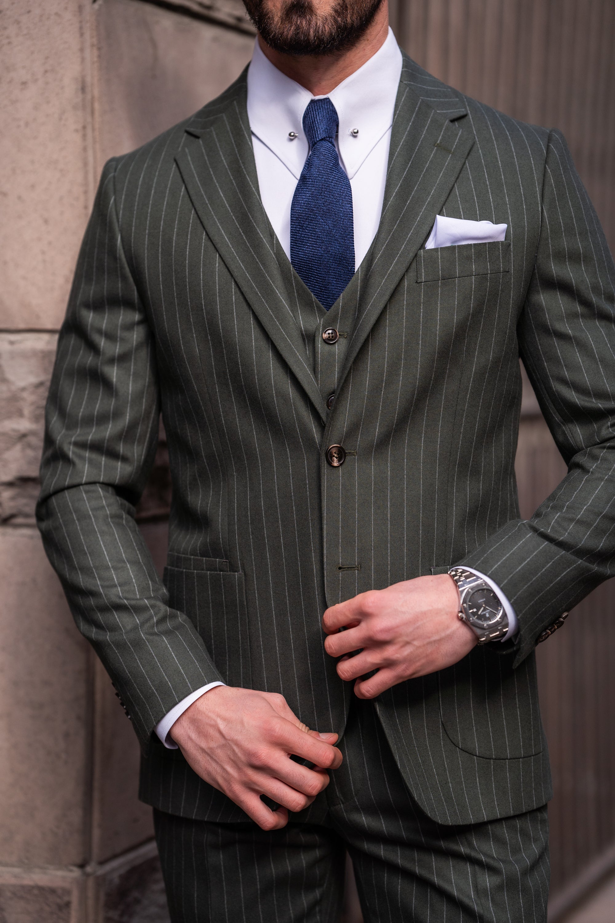 Khaki Striped Slim-Fit Suit 3-Piece