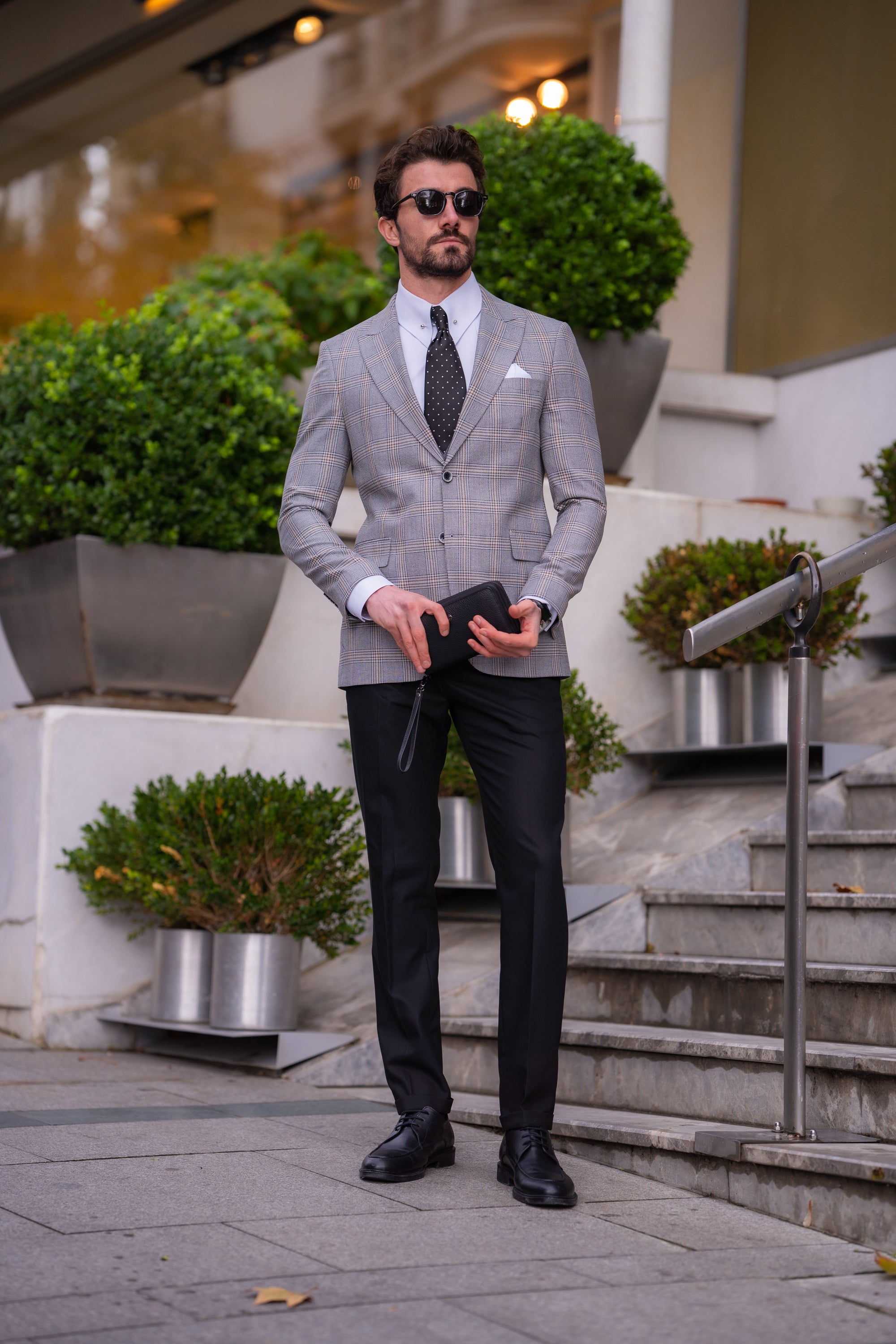 Grey Plaid Slim-Fit Suit 3-Piece