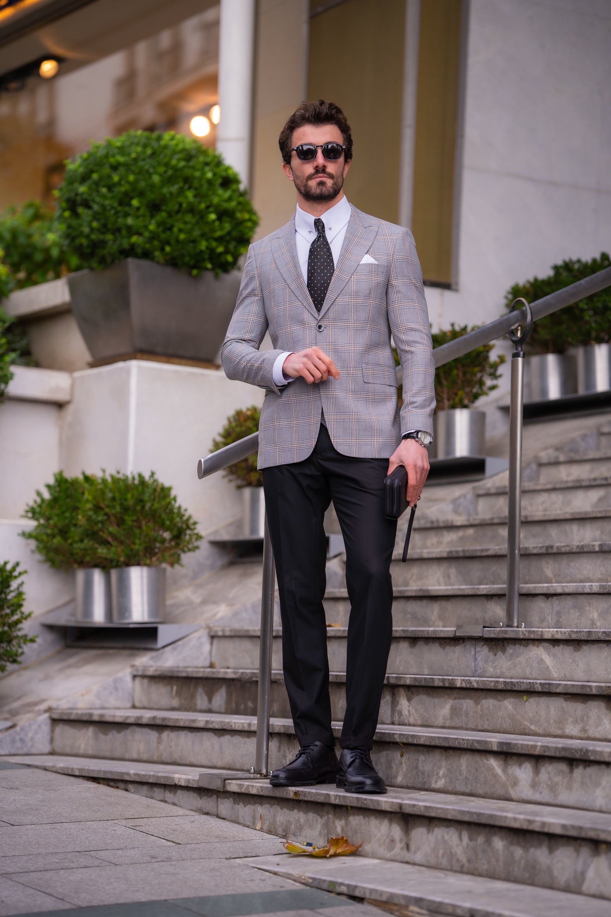 Grey Plaid Slim-Fit Suit 3-Piece