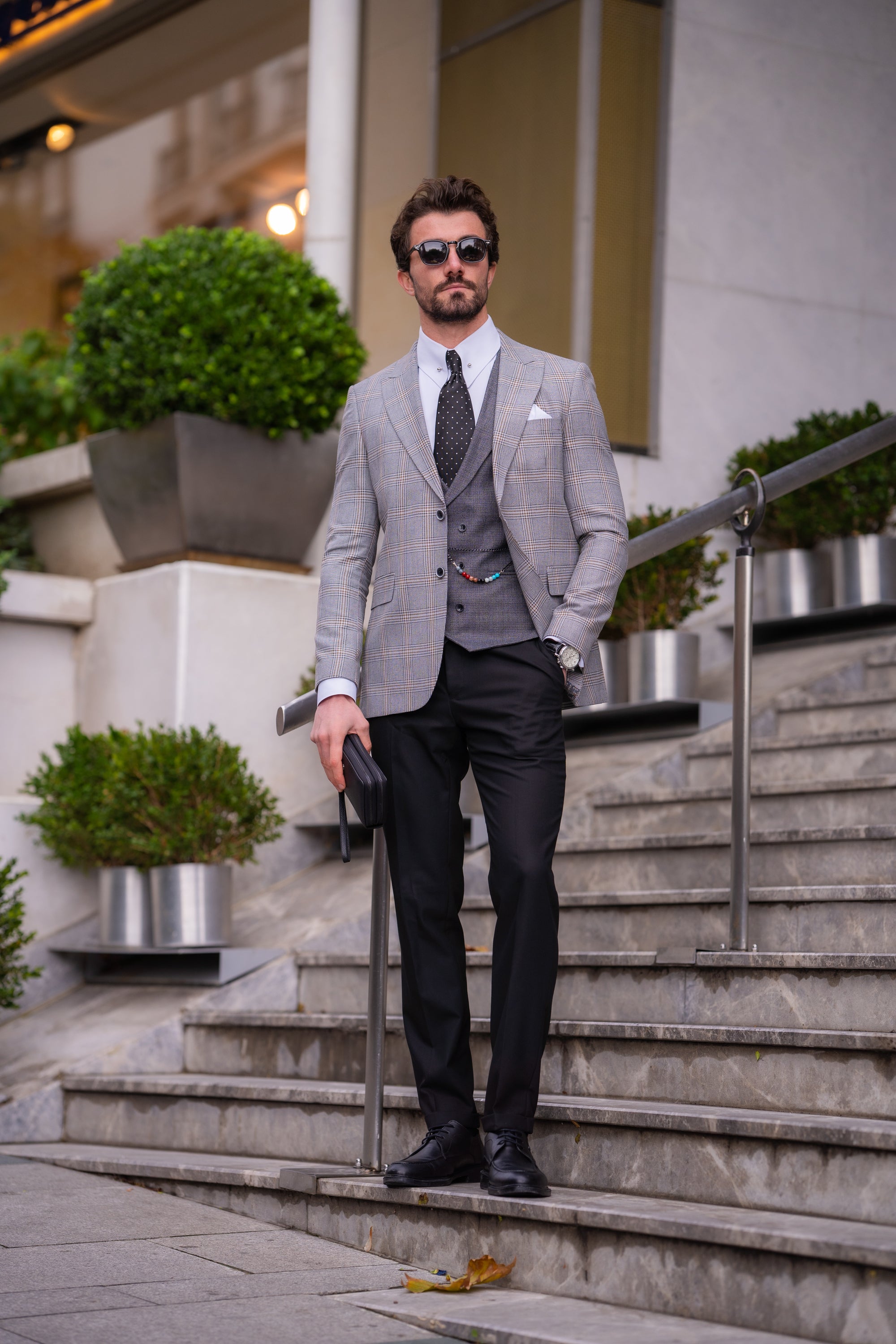 Grey Plaid Slim-Fit Suit 3-Piece