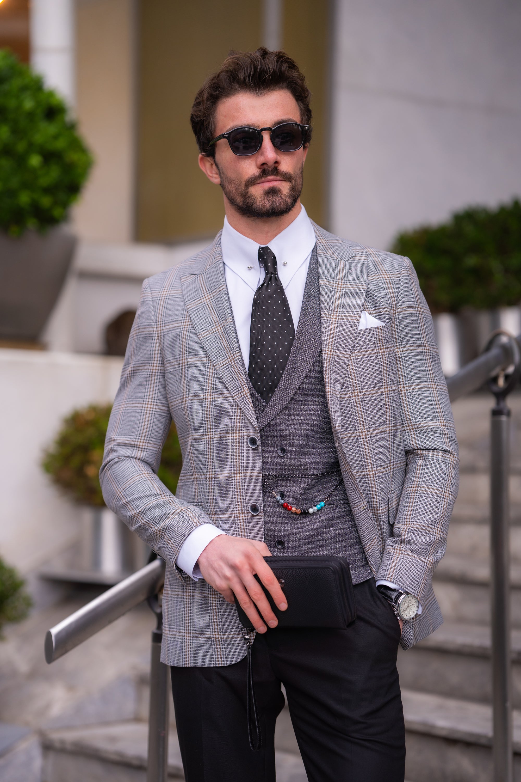 Grey Plaid Slim-Fit Suit 3-Piece