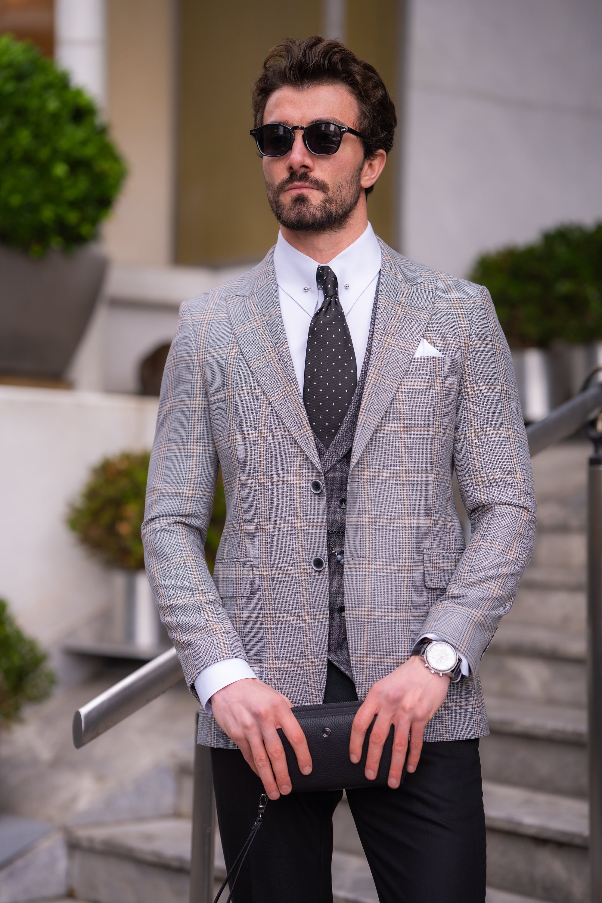 Grey Plaid Slim-Fit Suit 3-Piece