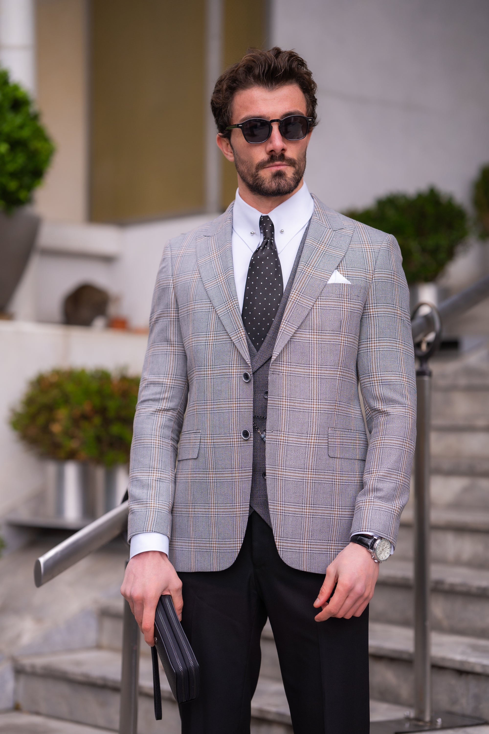 Grey Plaid Slim-Fit Suit 3-Piece