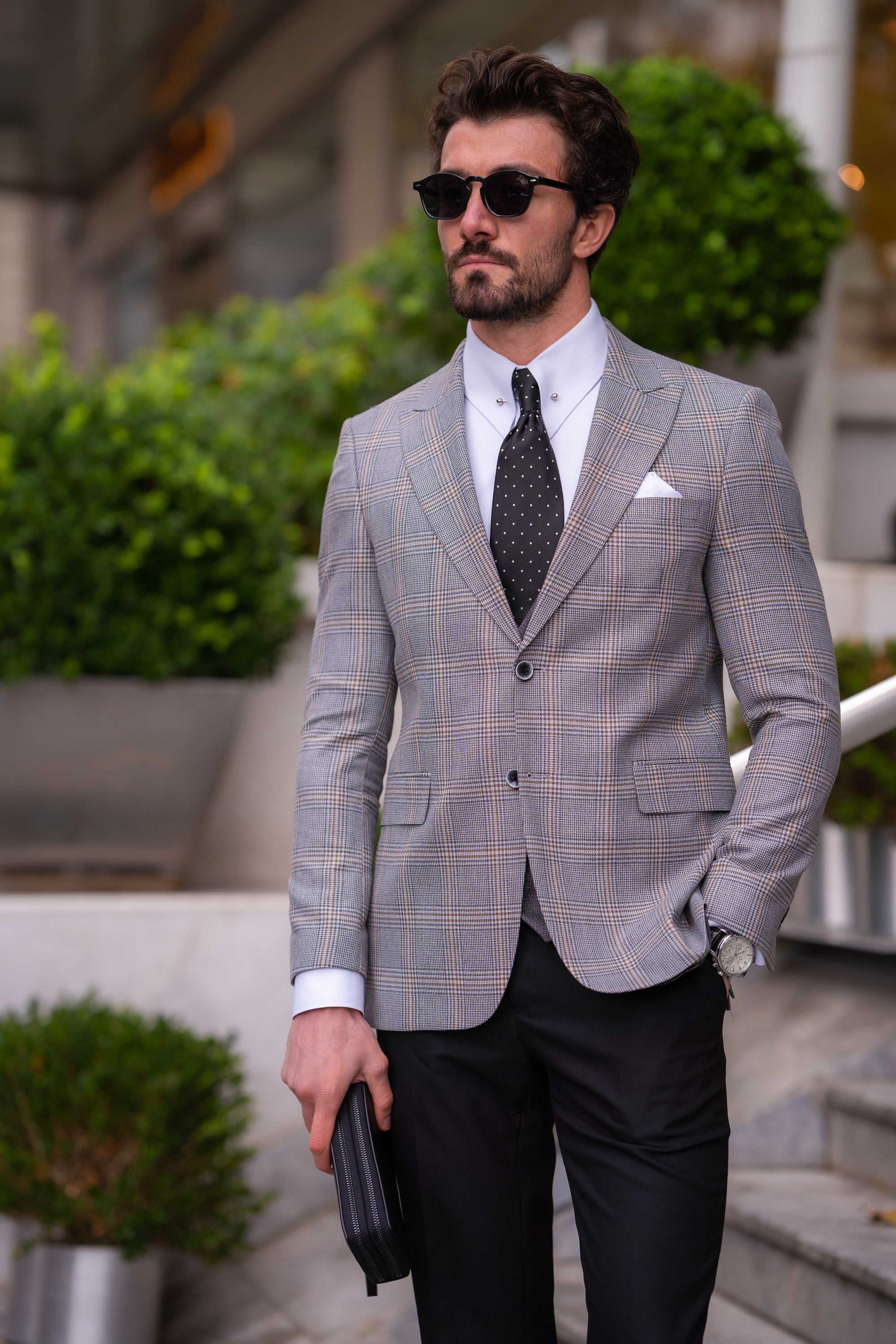 Grey Plaid Slim-Fit Suit 3-Piece