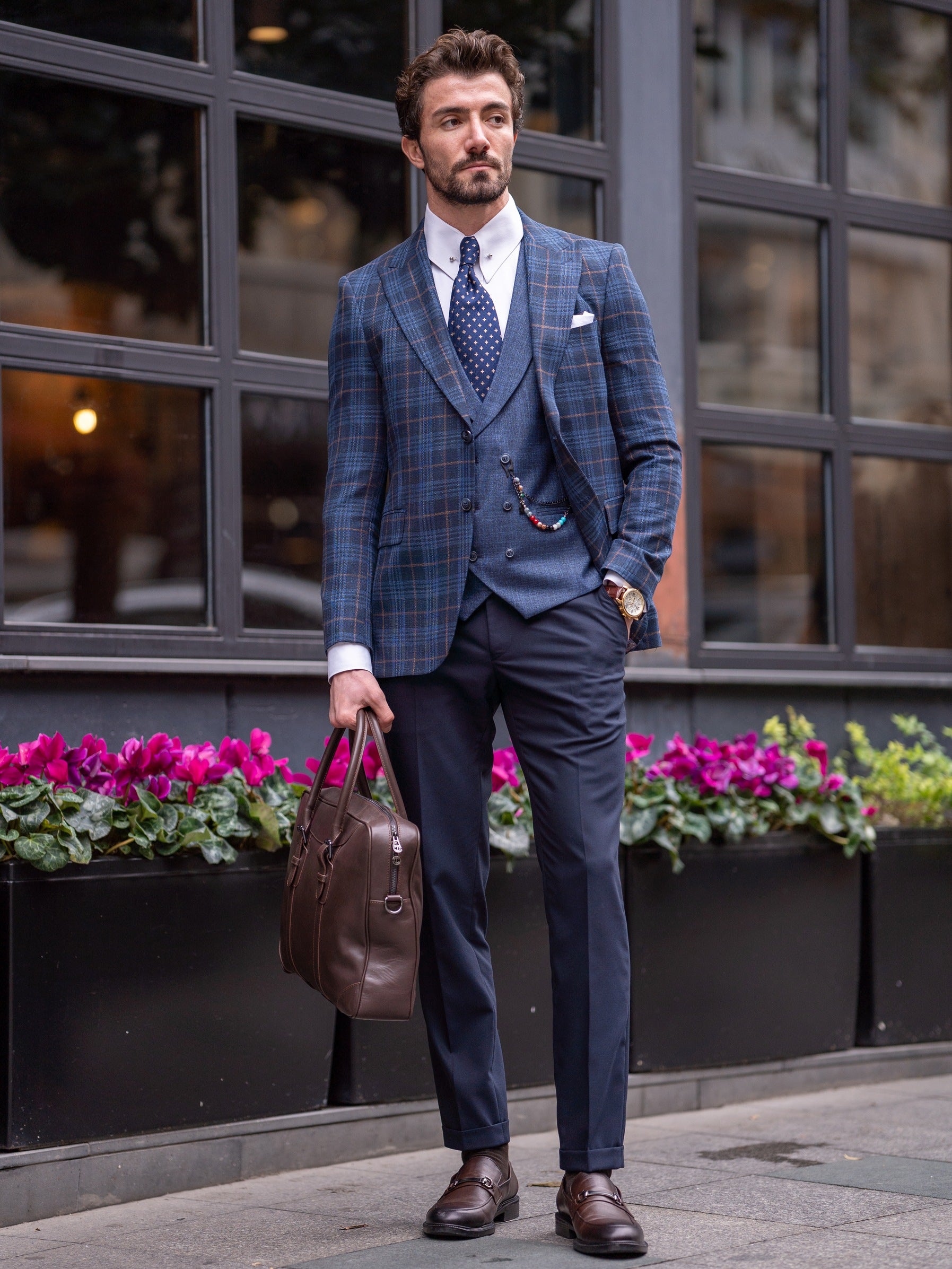 Navy Plaid Slim-Fit Suit 3-Piece