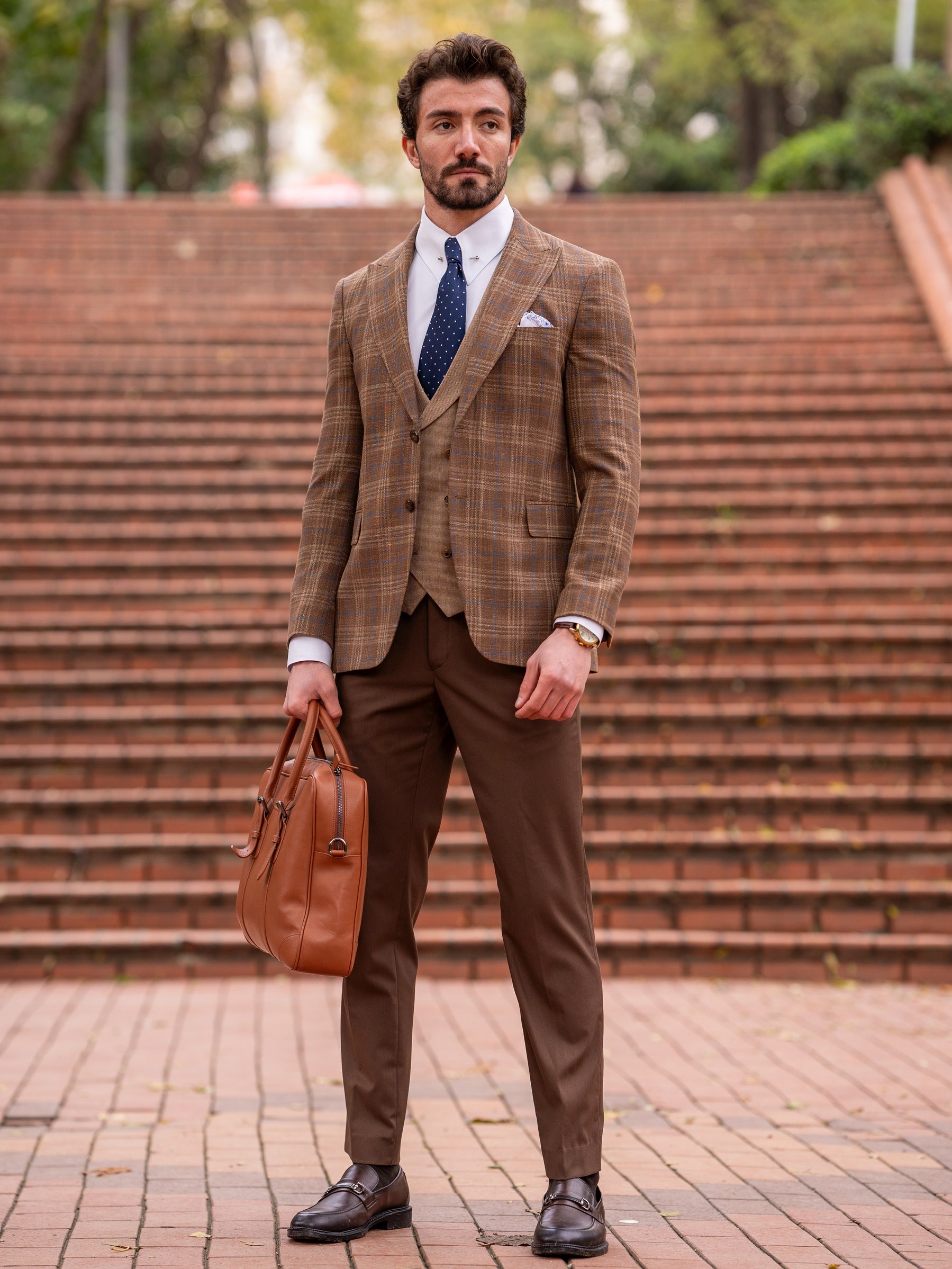 Brown Plaid Slim-Fit Suit 3-Piece