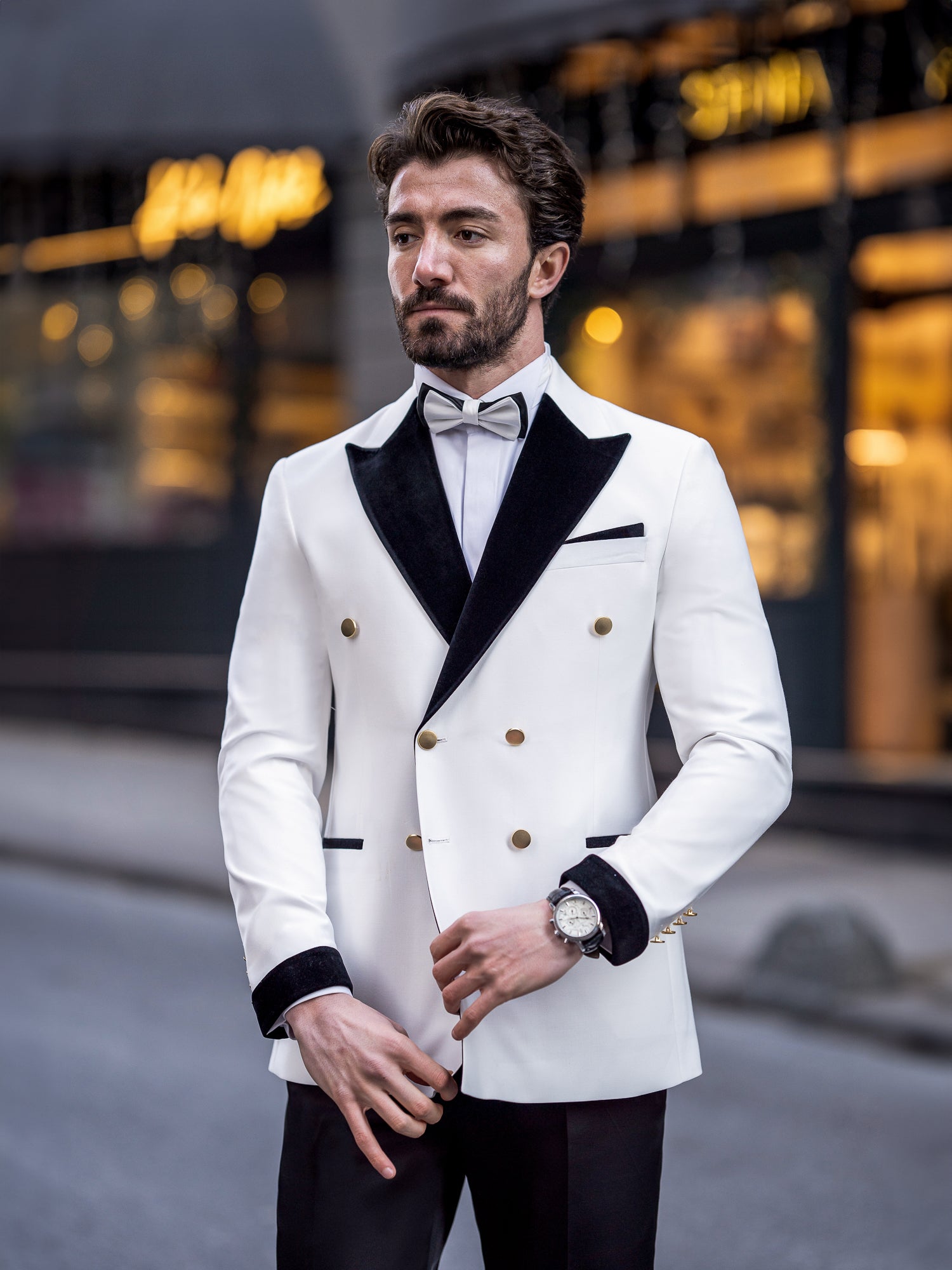 VIOSSI white tuxedo double breasted back view - classic men double breasted blazer with tailored fit