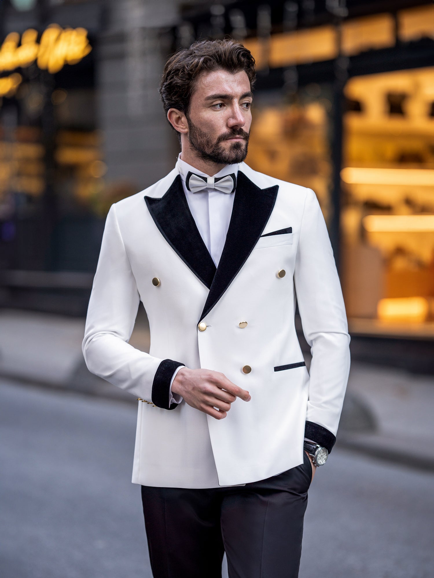 VIOSSI white double breasted tuxedo 2-piece front view - men double breasted blazer with matching pants
