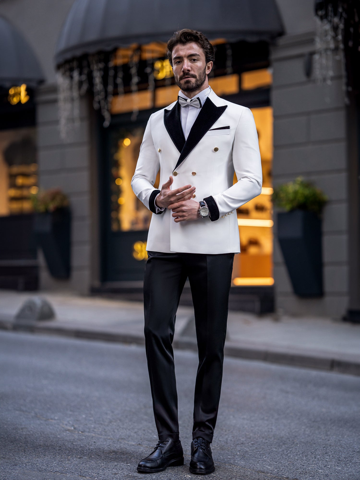 VIOSSI White Double Breasted Tuxedo 2-Piece styled look featuring men double breasted blazer design