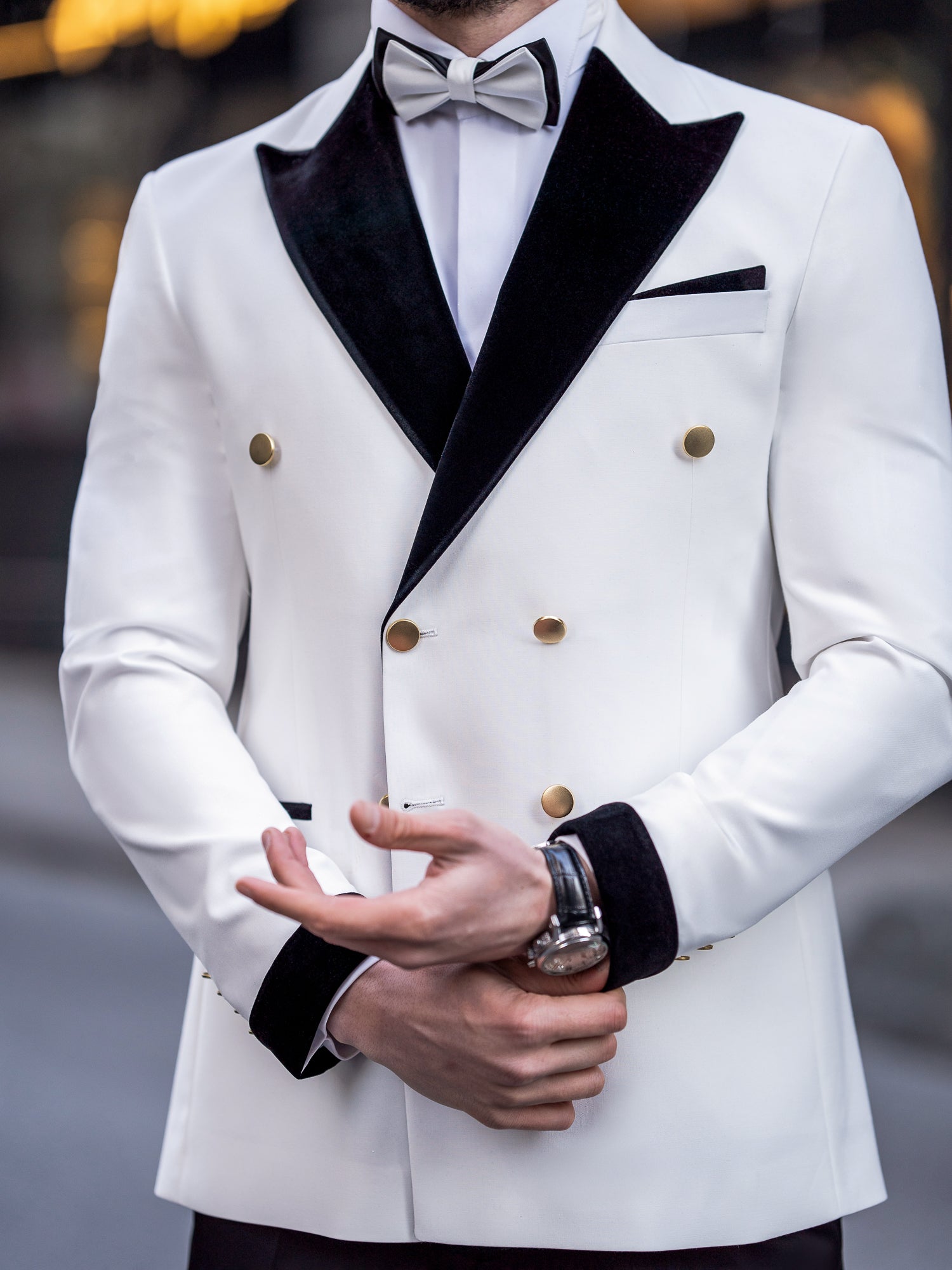 VIOSSI white tuxedo double breasted styled look - complete formal menswear ensemble with accessories