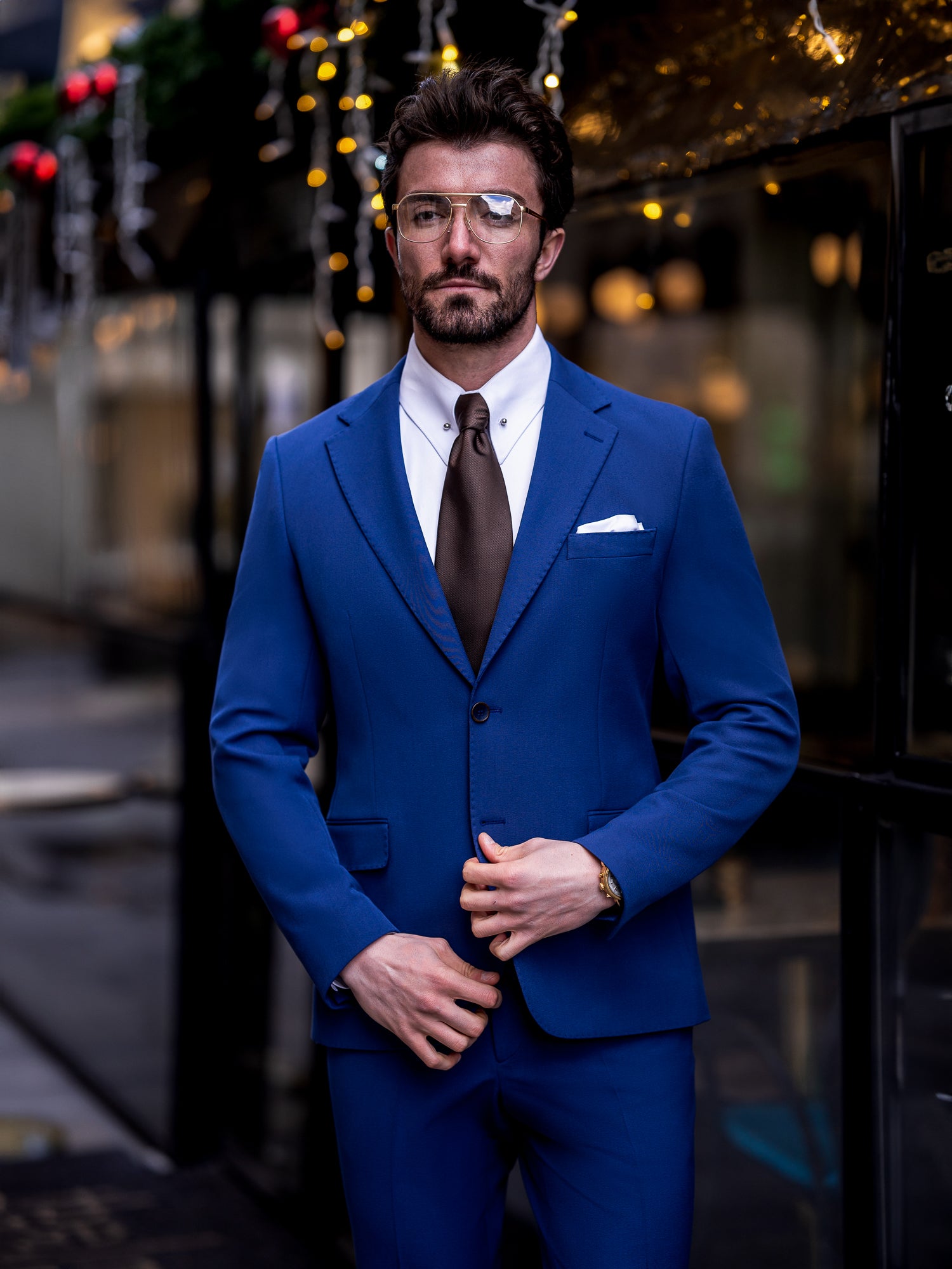 VIOSSI navy slim-fit suit 3-piece trouser detail featuring italian suit styles tailoring for light blue wedding suit
