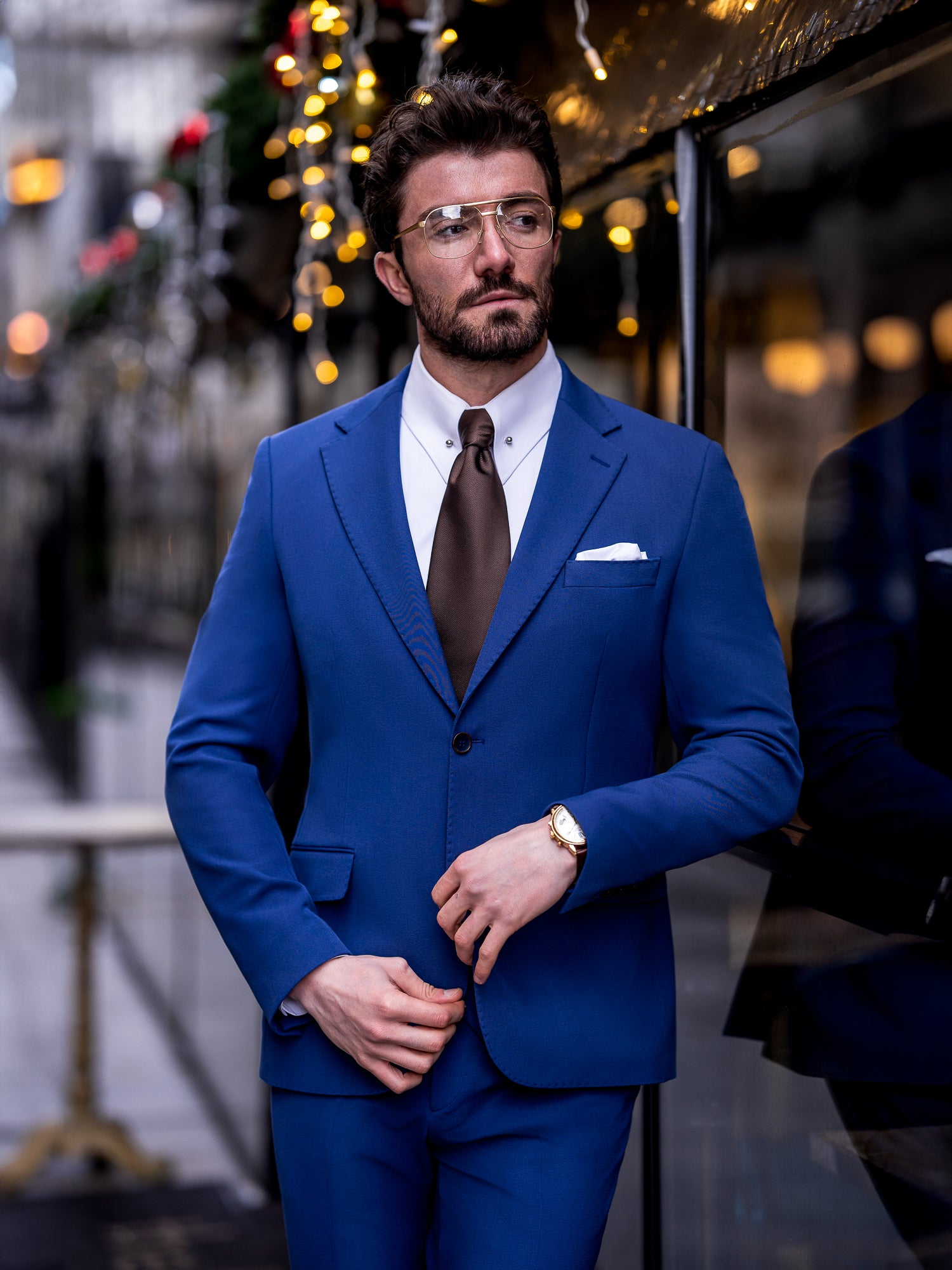 VIOSSI navy slim-fit suit 3-piece styled outfit showing italian suit styles versatility beyond light blue wedding suit
