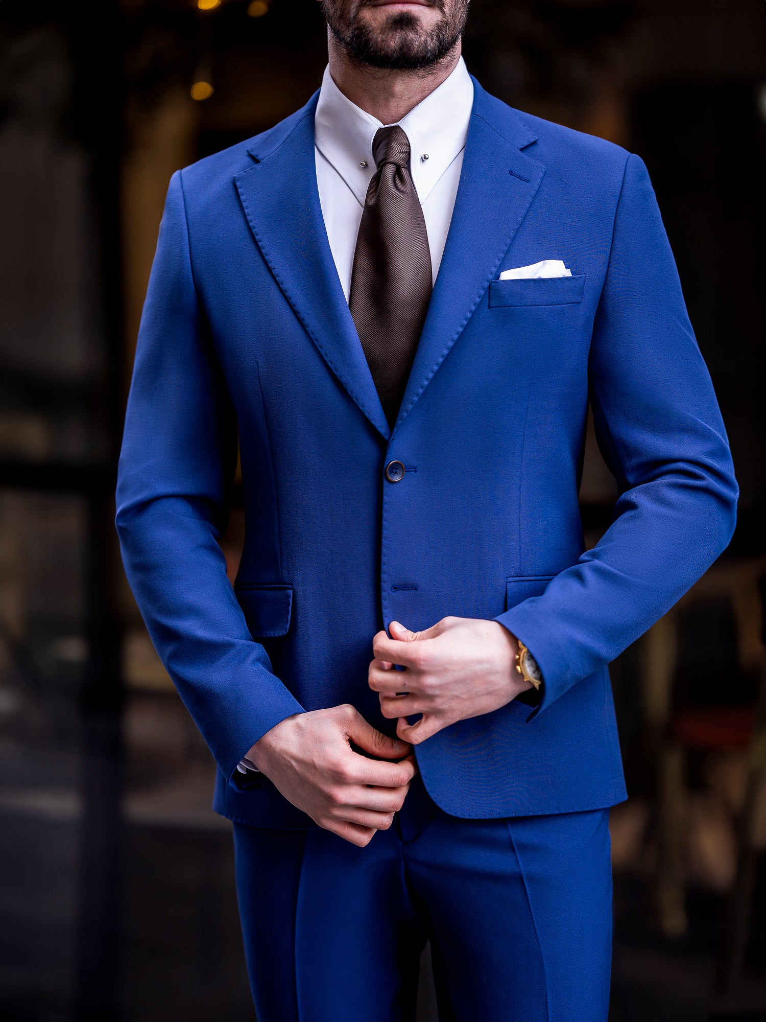 VIOSSI Navy Slim-Fit Suit 3-Piece front view - Italian suit styles with jacket, vest, and trousers