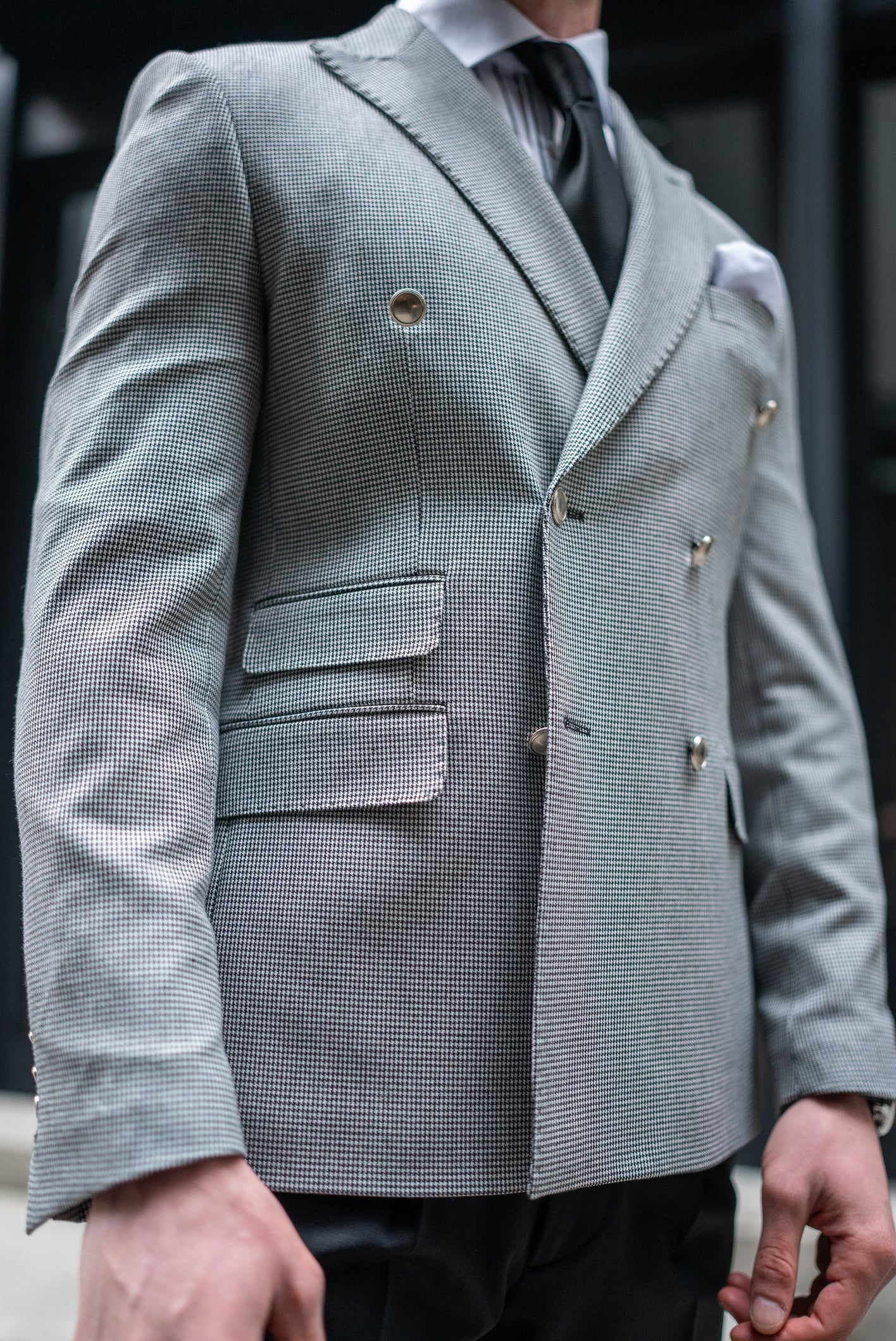 White Houndstooth Double Breasted Blazer
