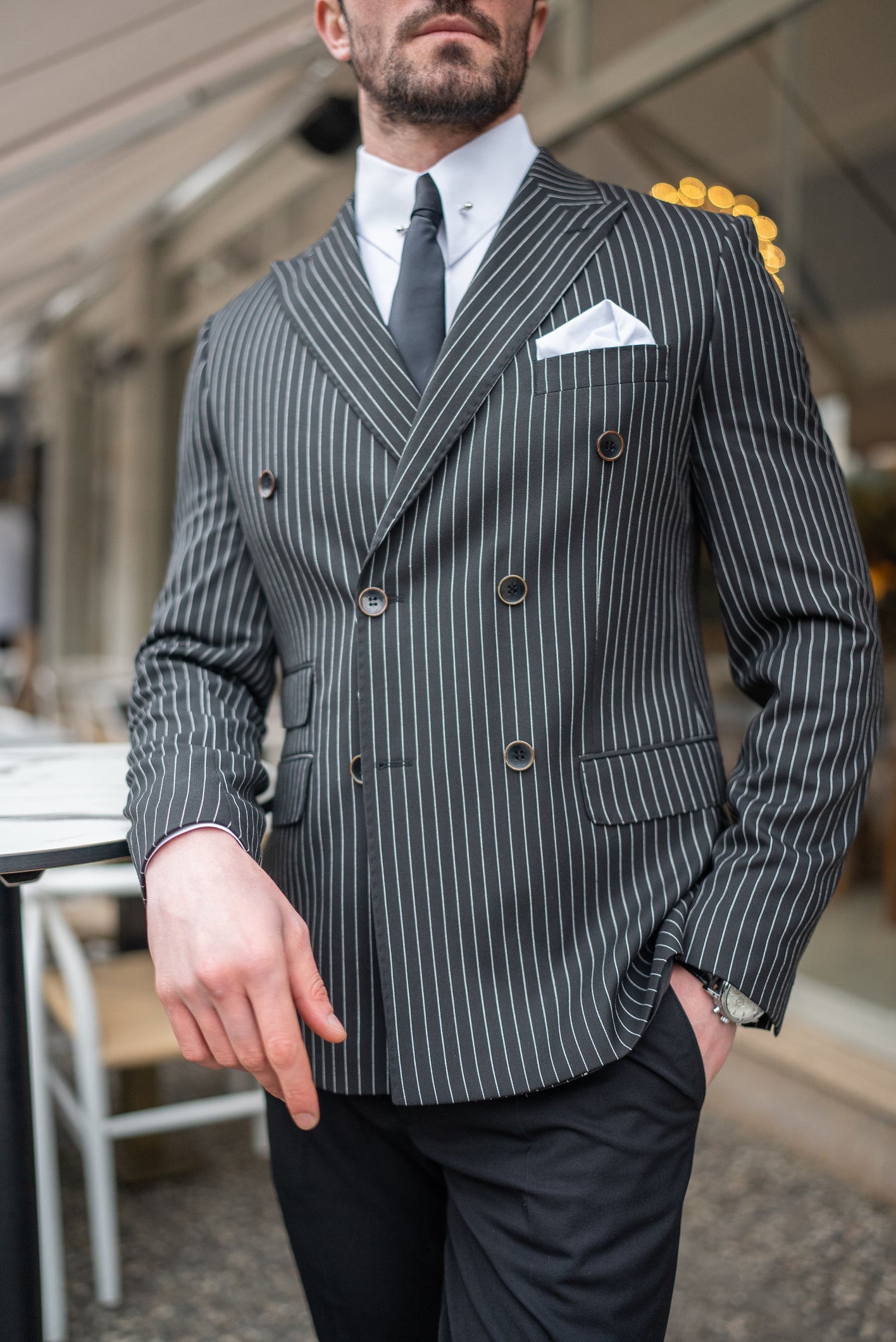Black Striped Double Breasted Blazer