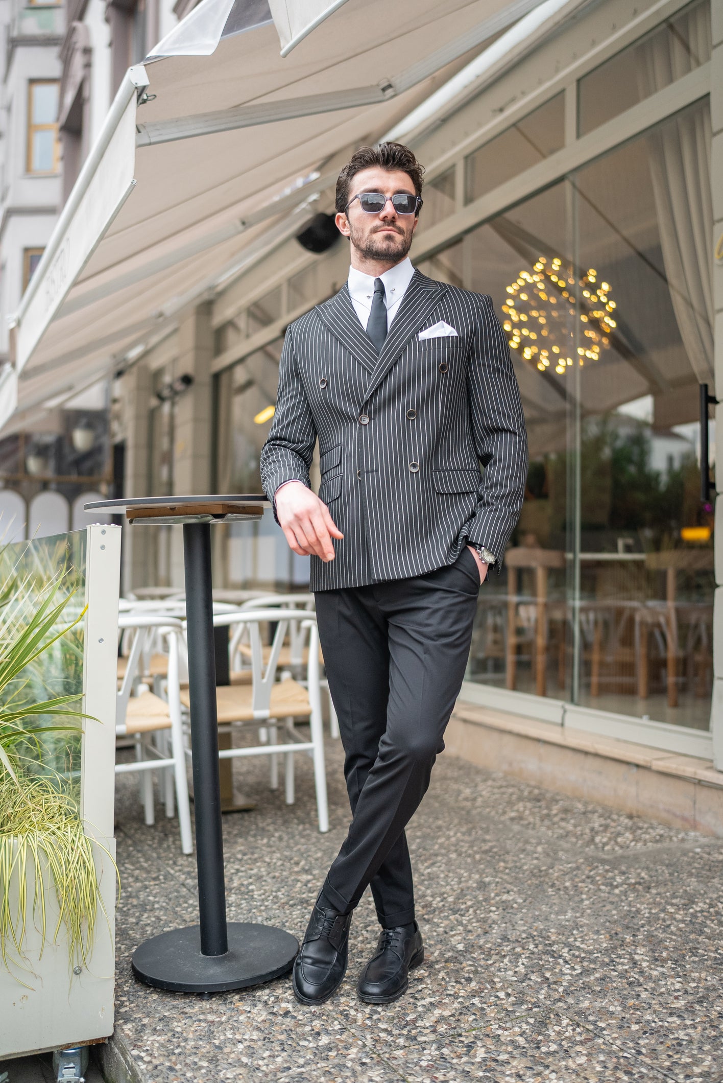 Black Striped Double Breasted Blazer