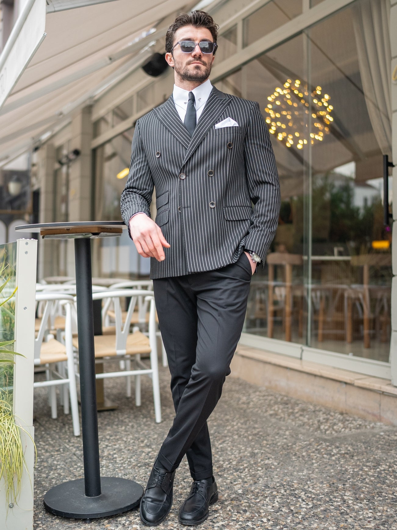 Black Striped Double Breasted Blazer