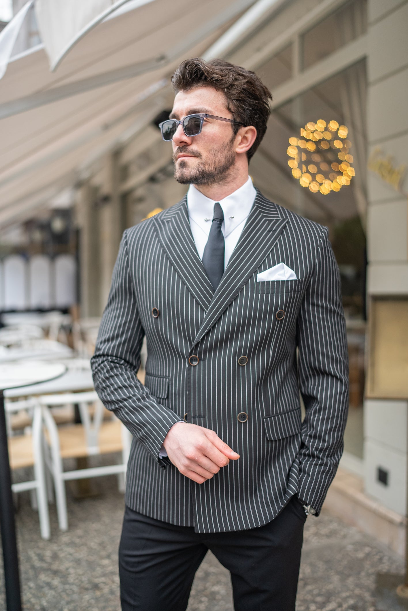 Black Striped Double Breasted Blazer