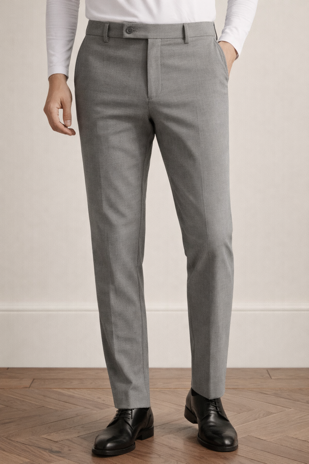 VIOSSI grey mid waist slim-fit pants front view, italian suit styles for light blue wedding suit coordination