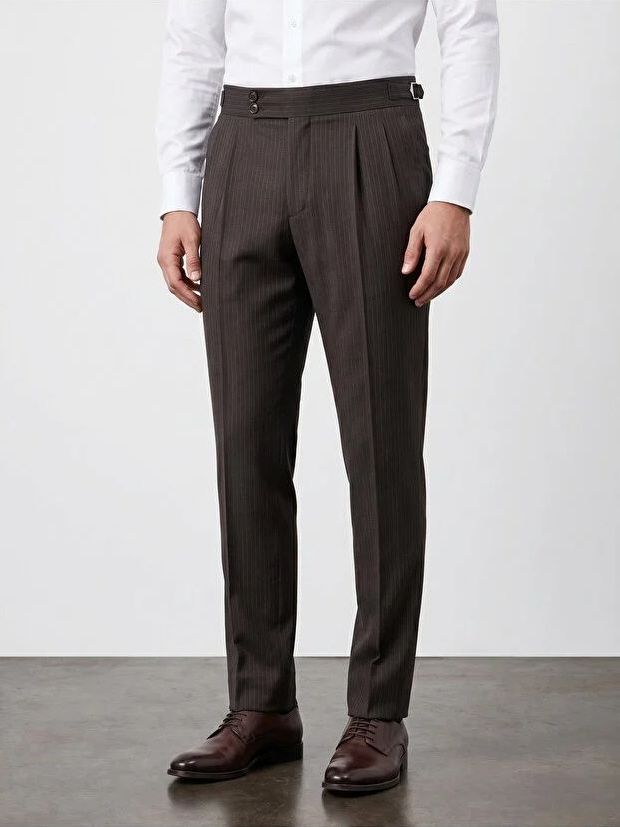 Brown Striped High Waist Slim-Fit Pants
