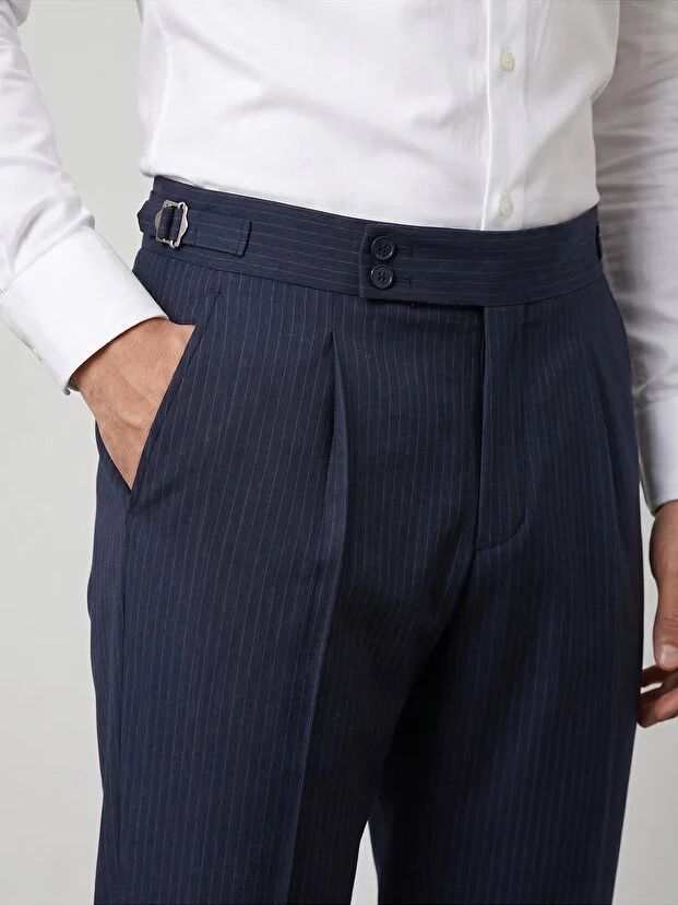 Navy Striped High Waist Slim-Fit Pants