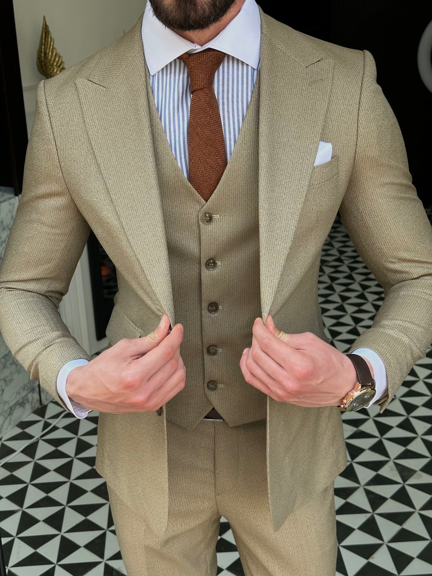 Beige Striped Slim-Fit Suit 3-Piece