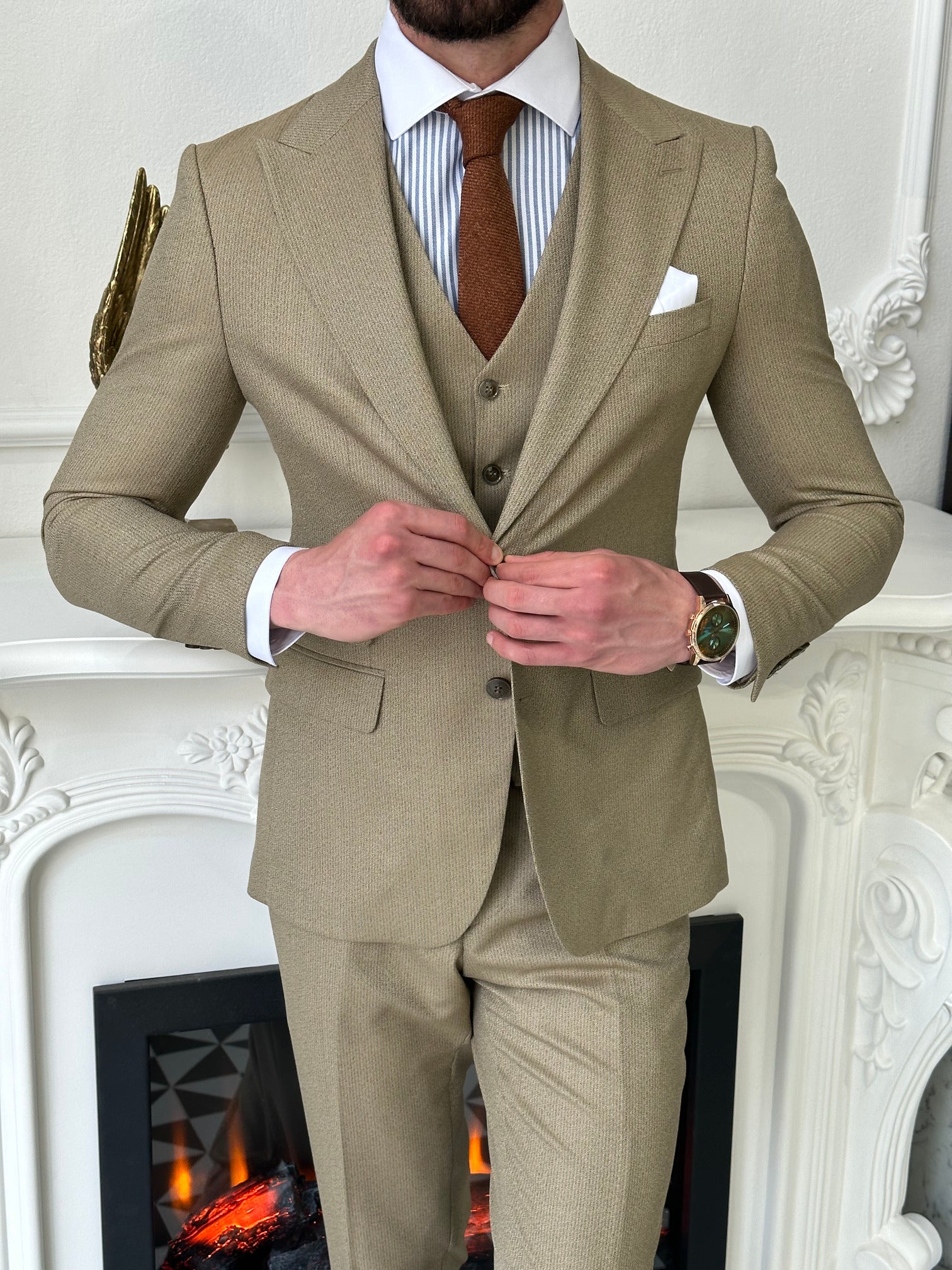 Beige Striped Slim-Fit Suit 3-Piece