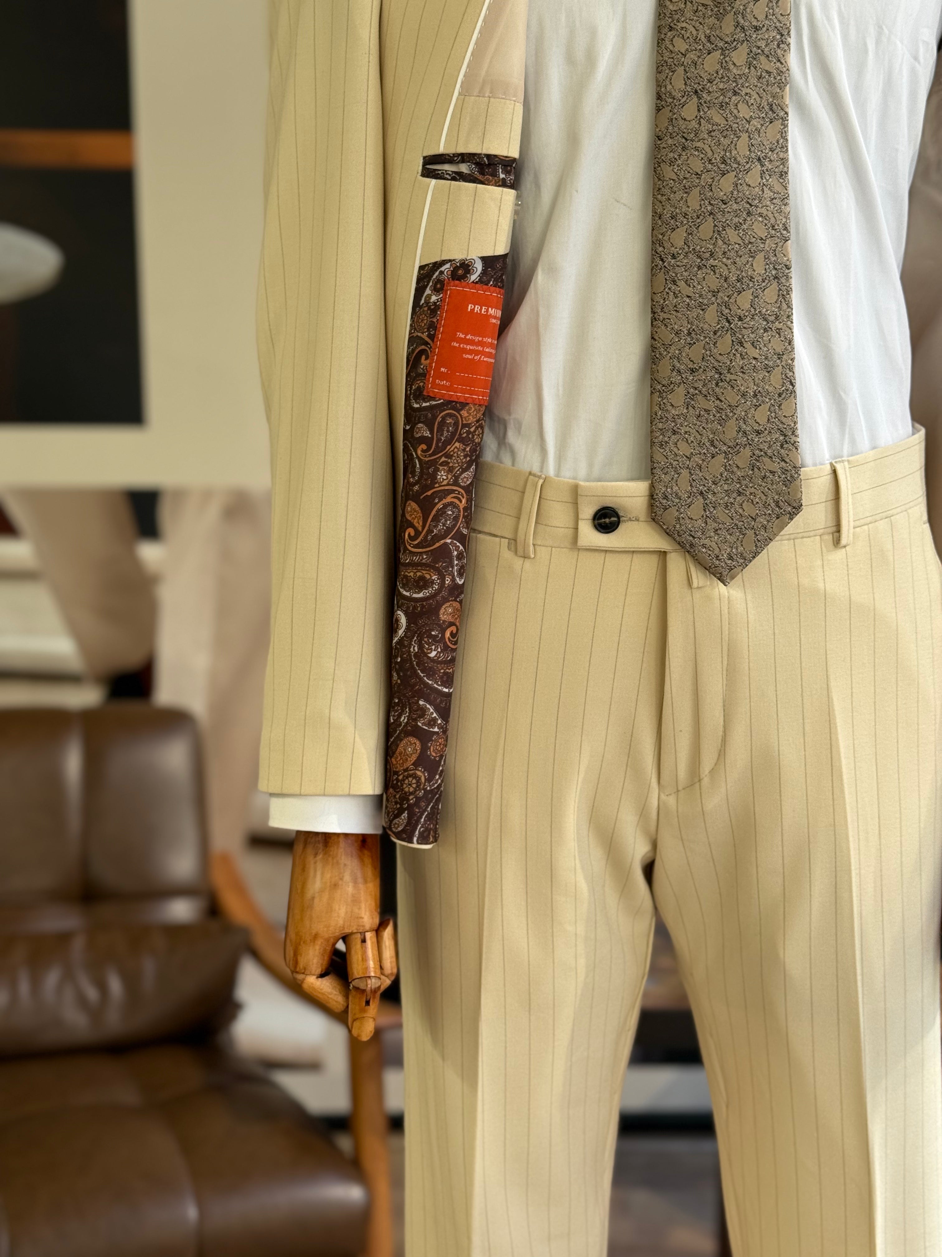 Camel Striped Double Breasted Suit 2-Piece