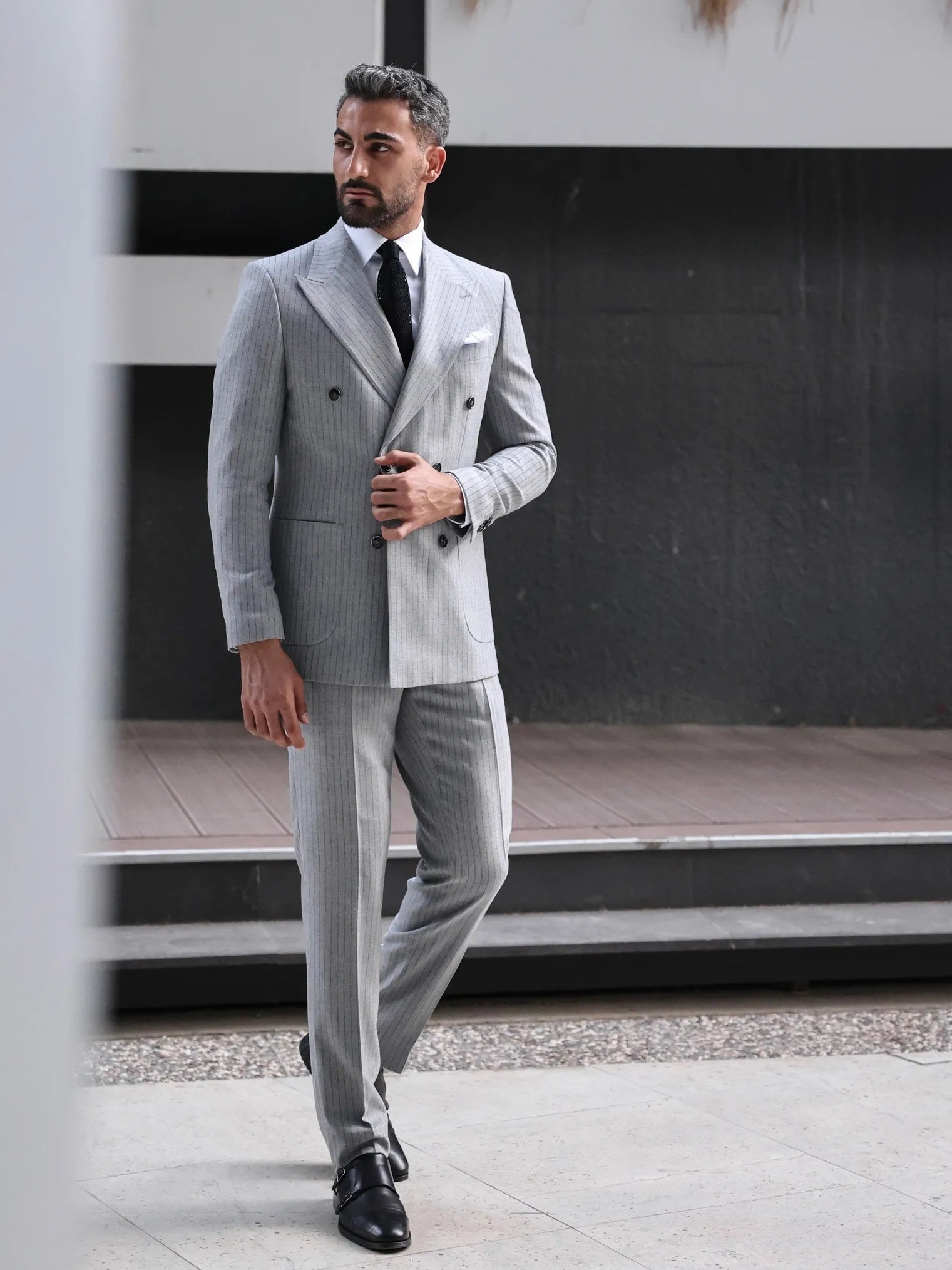 Grey Striped Double Breasted Suit 2-Piece