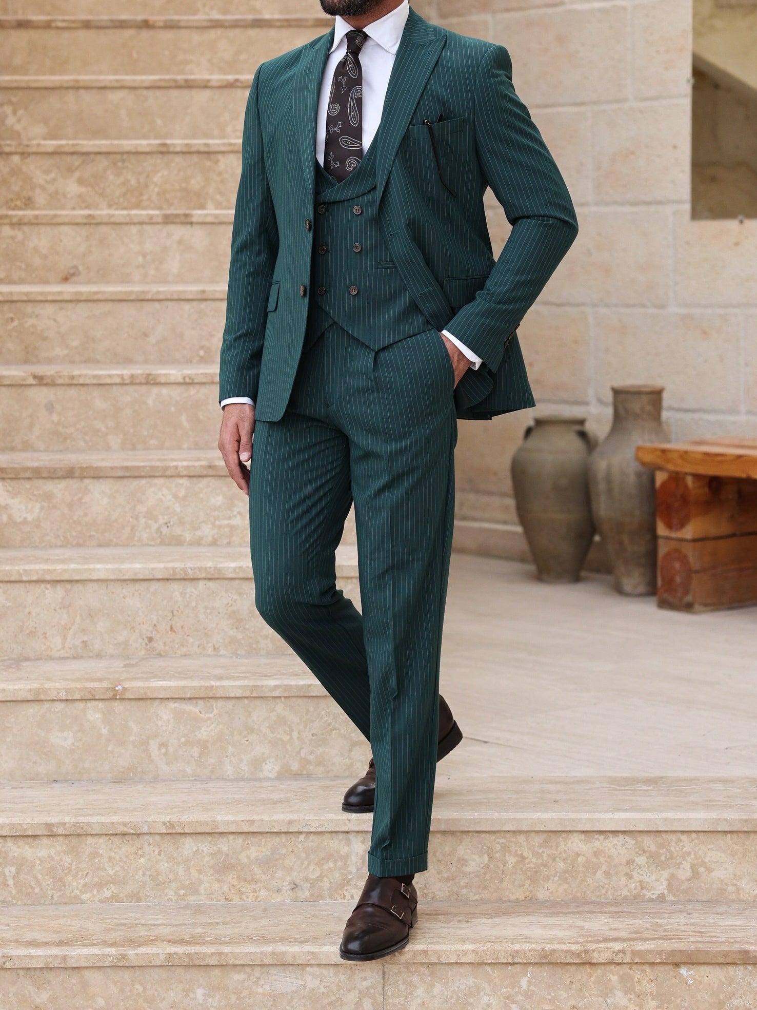 Green Striped Modern-Fit Suit 3-Piece