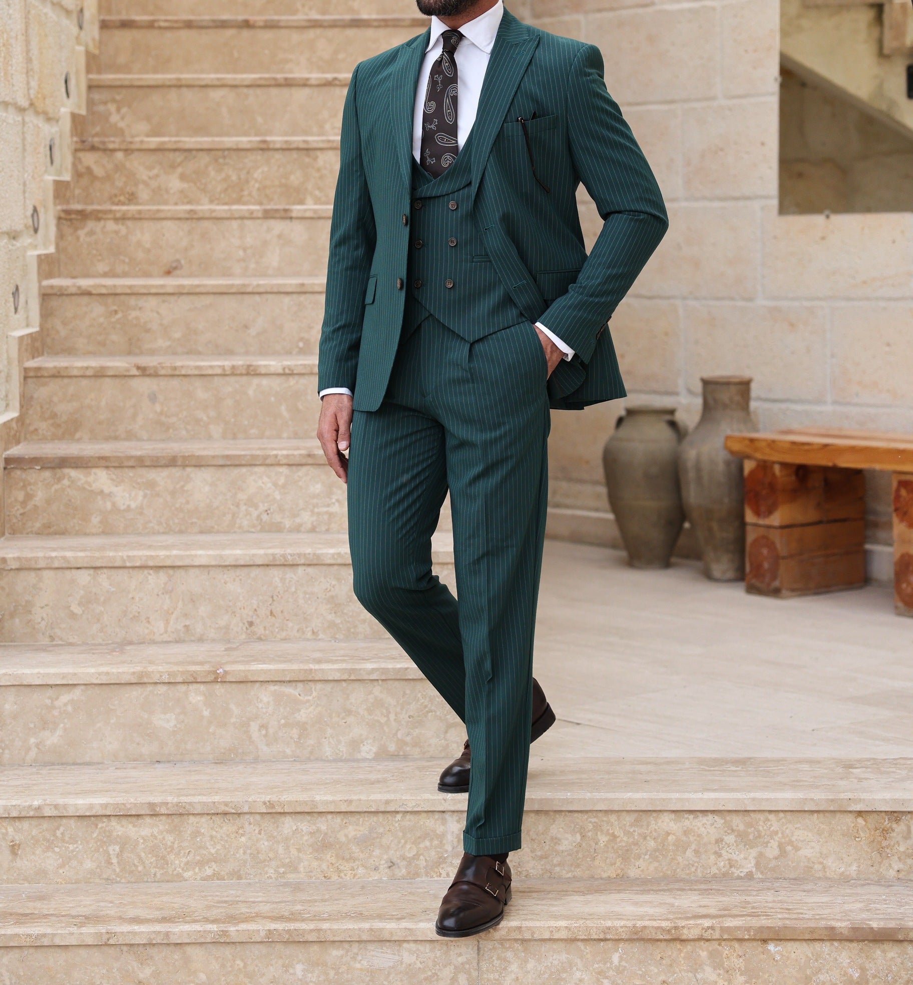 Green Striped Modern-Fit Suit 3-Piece