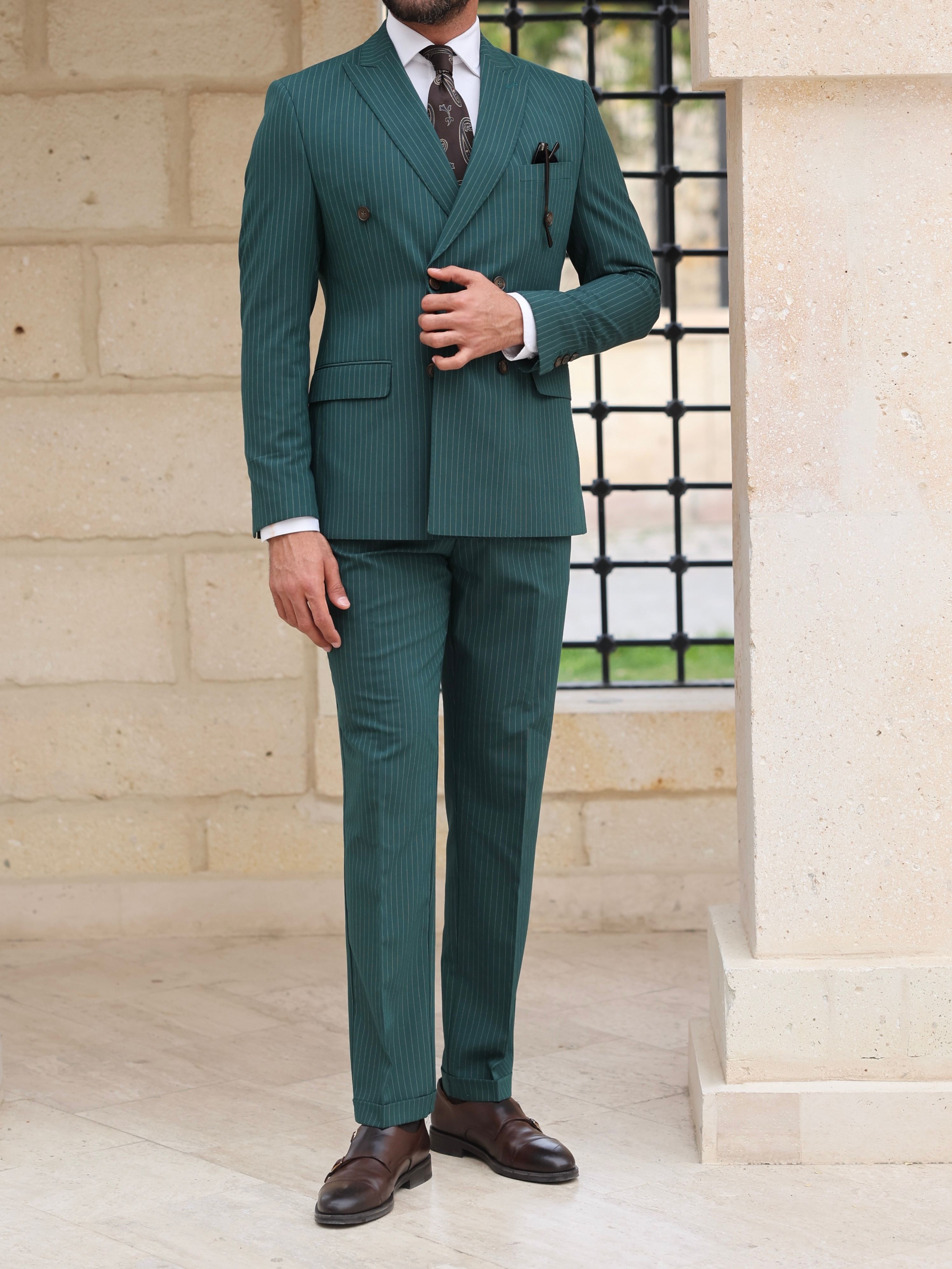 Green Striped Double Breasted Suit 2-Piece