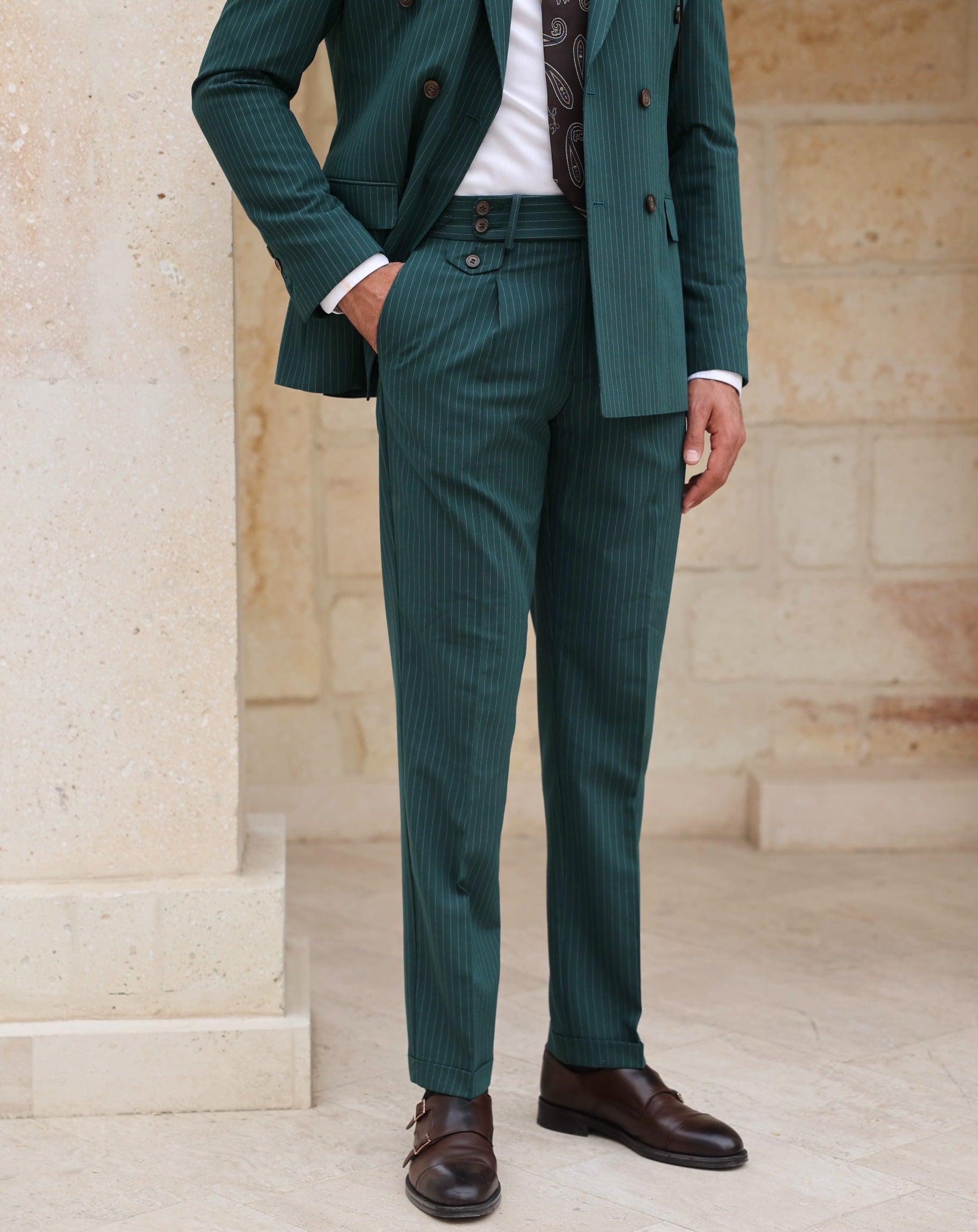 Green Striped Double Breasted Suit 2-Piece